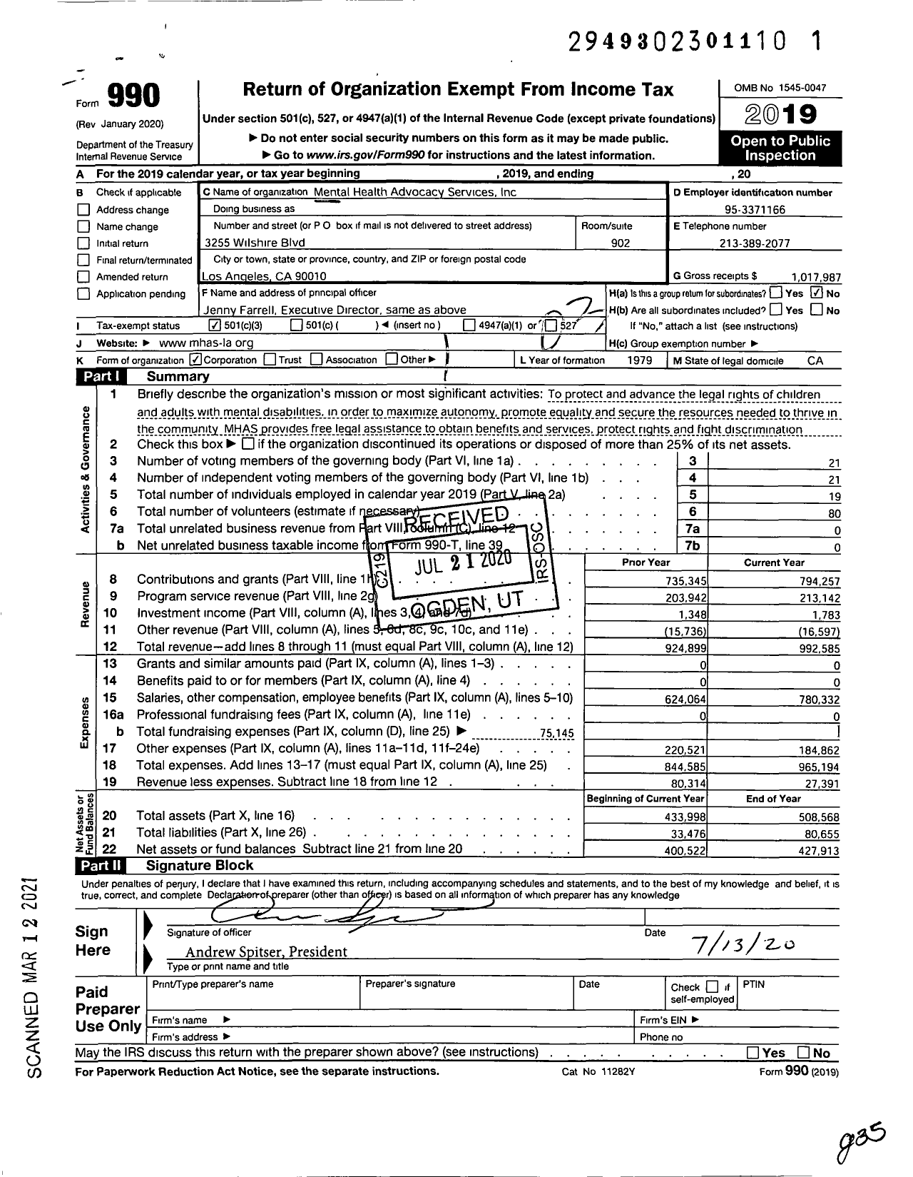 Image of first page of 2019 Form 990 for Mental Health Advocacy Services (MHAS)