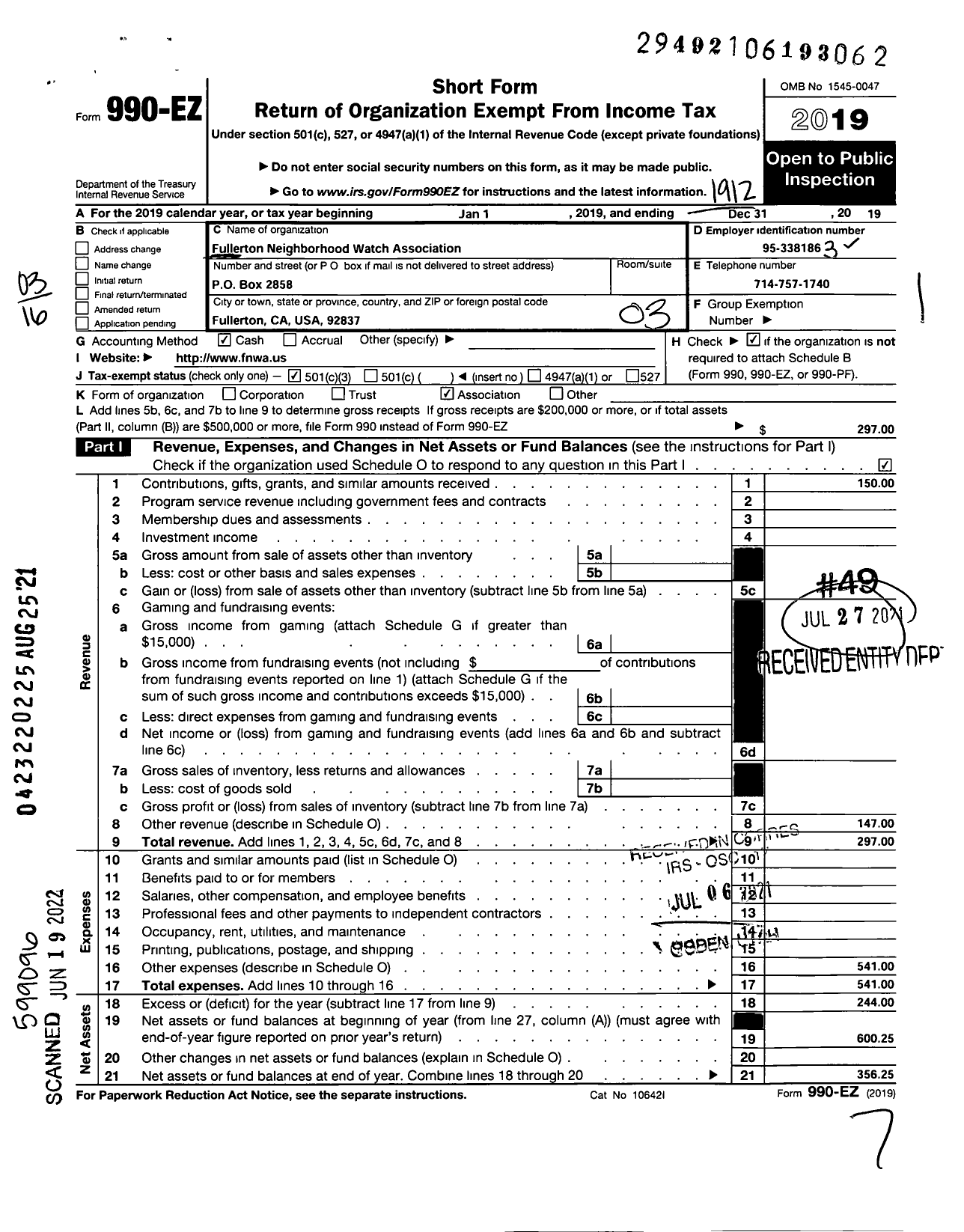 Image of first page of 2019 Form 990EZ for Fullerton Neighborhood Watch Association