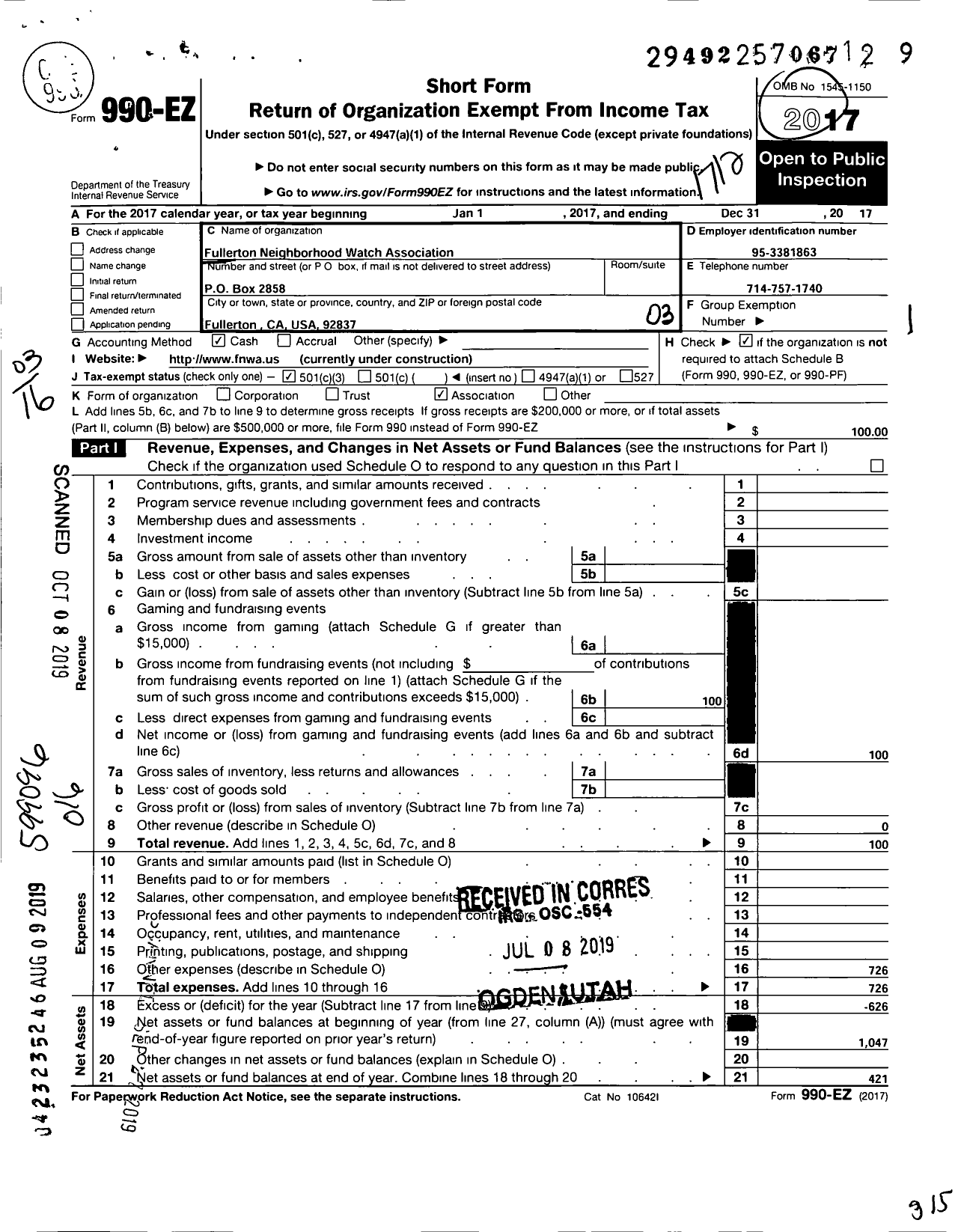 Image of first page of 2017 Form 990EZ for Fullerton Neighborhood Watch Association