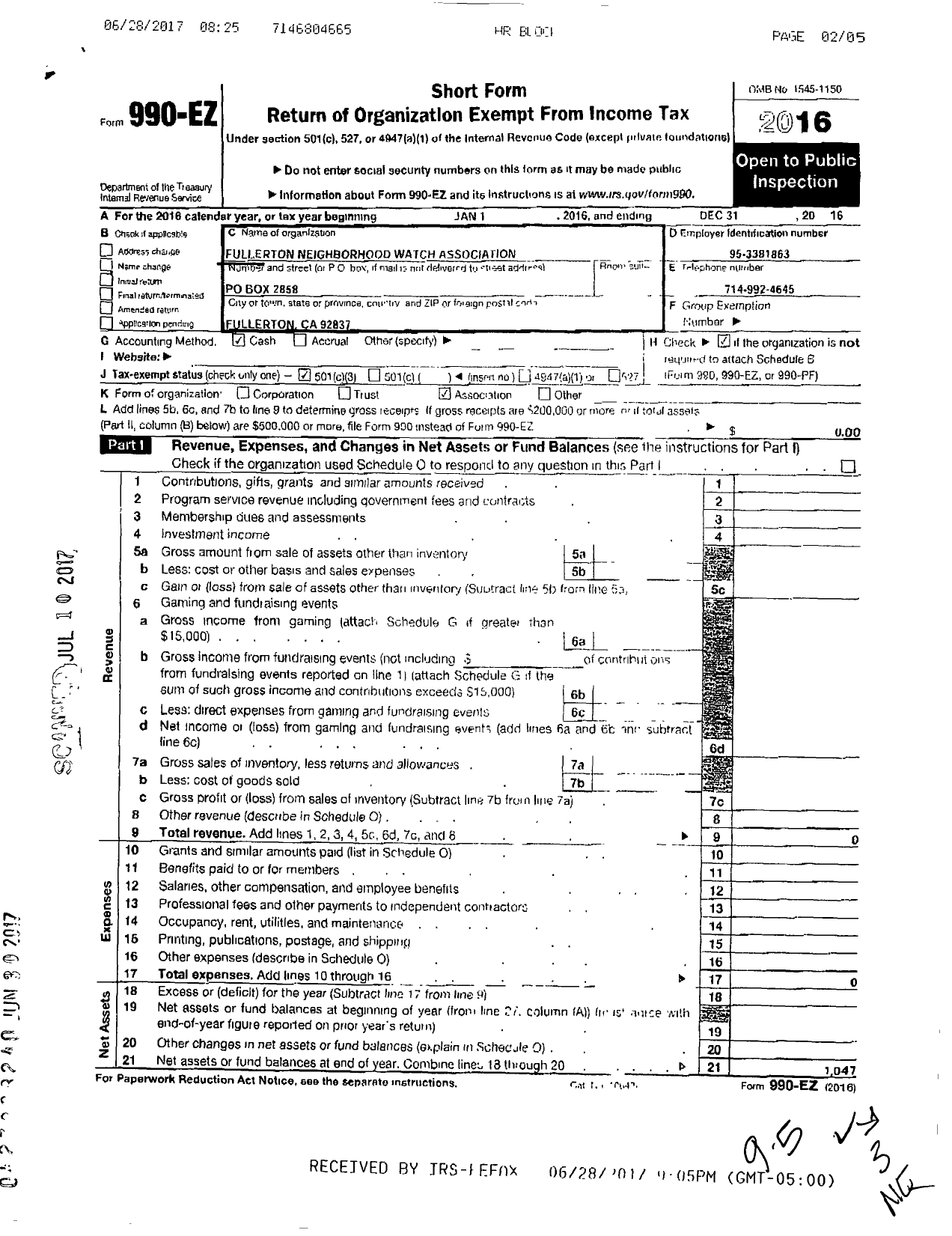 Image of first page of 2016 Form 990EZ for Fullerton Neighborhood Watch Association