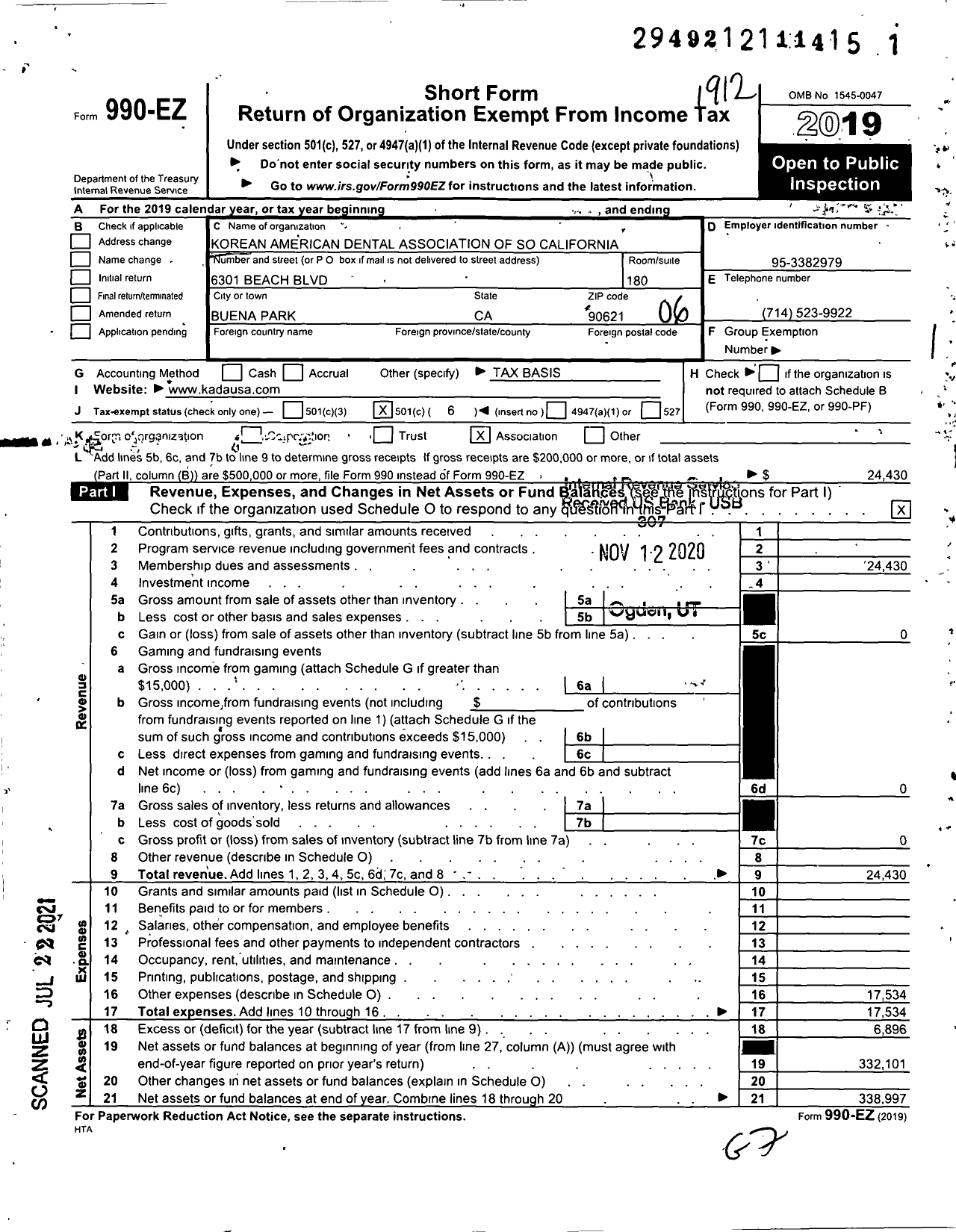 Image of first page of 2019 Form 990EO for Kada