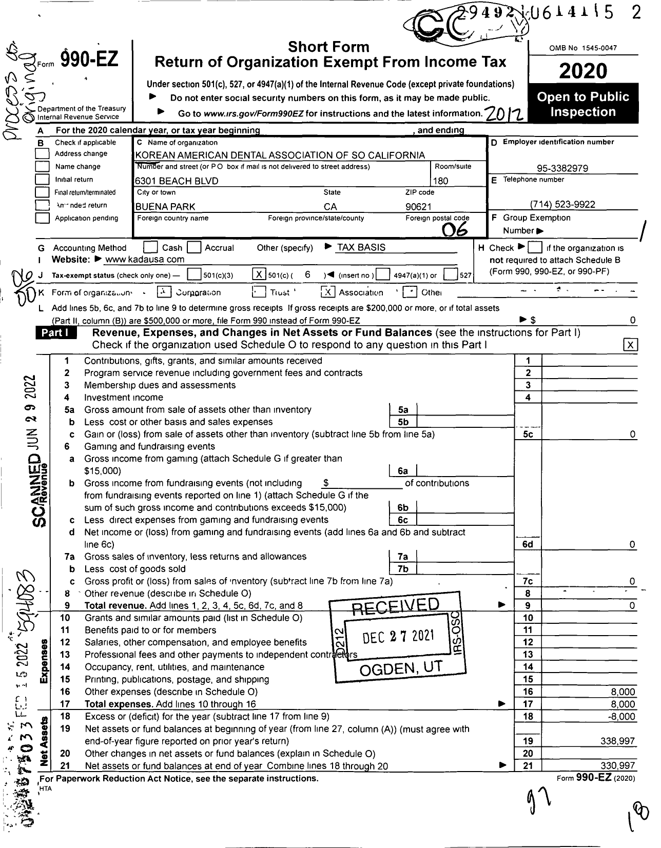 Image of first page of 2020 Form 990EO for Kada