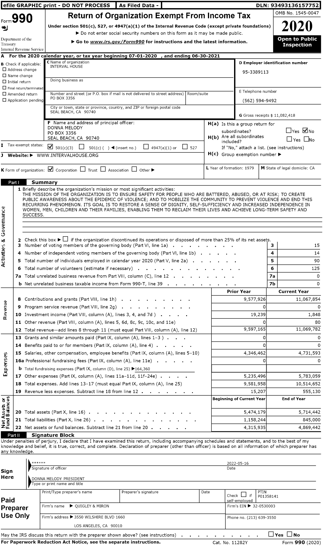 Image of first page of 2020 Form 990 for Interval House