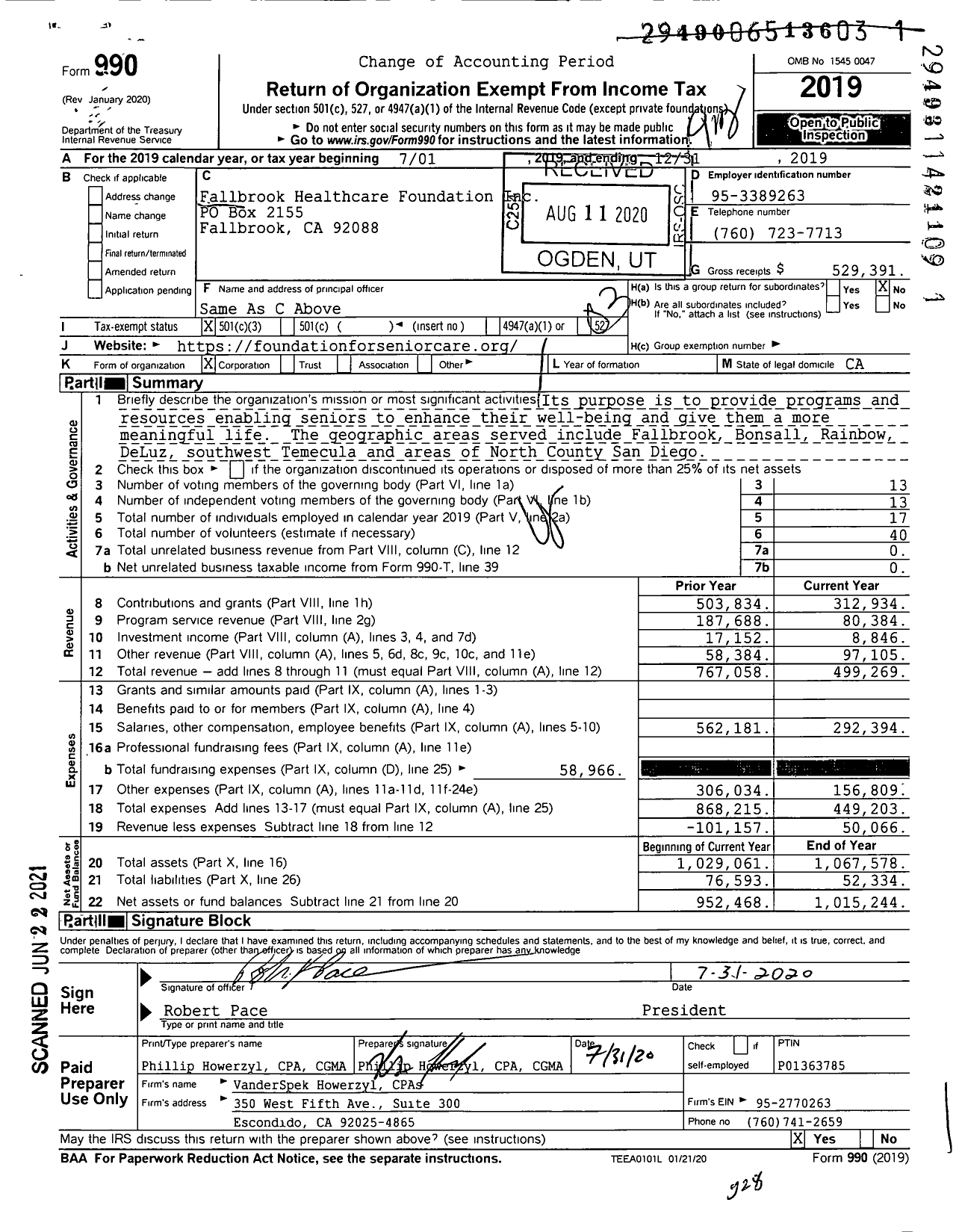 Image of first page of 2019 Form 990 for Fallbrook Healthcare Foundation