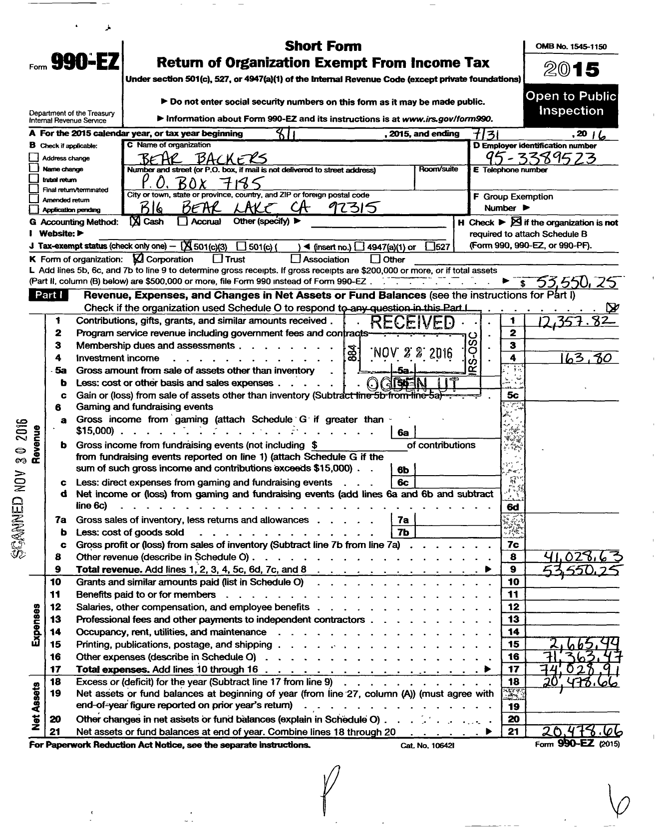 Image of first page of 2015 Form 990EZ for Bear Backers