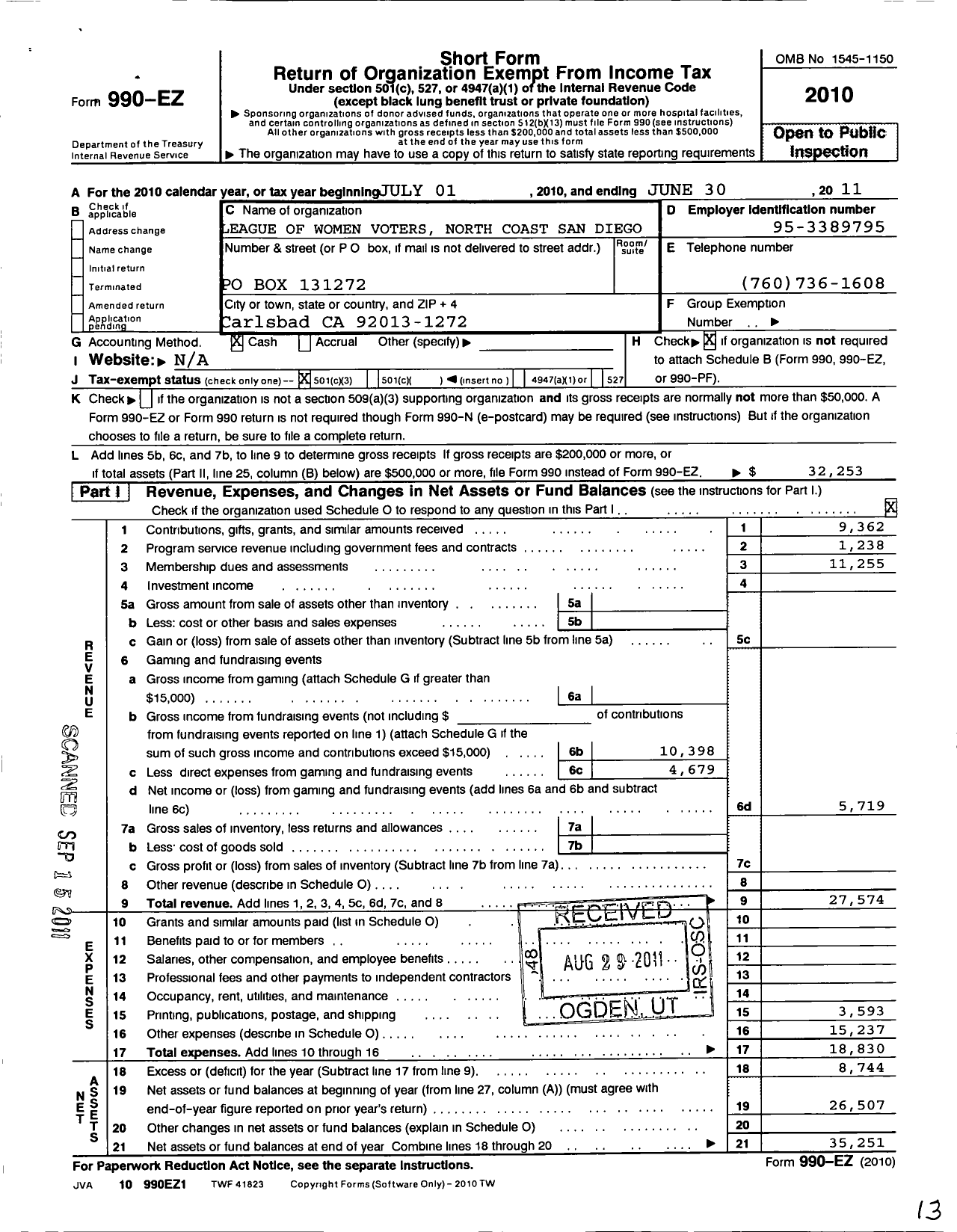 Image of first page of 2010 Form 990EZ for League of Women Voters North County San Diego