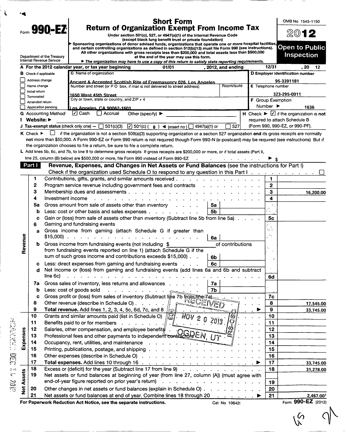 Image of first page of 2012 Form 990EO for Ancient and Accepted Scottish Rite of Free Masonry Southern - 026 Los Angeles