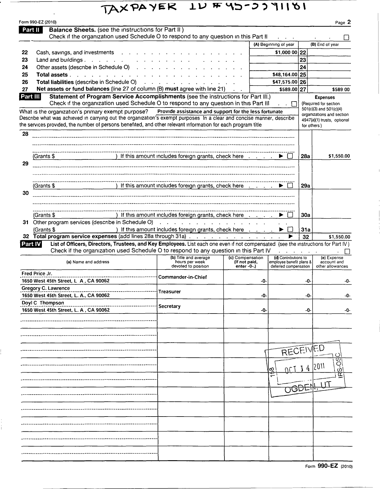 Image of first page of 2010 Form 990EOR for Ancient and Accepted Scottish Rite of Free Masonry Southern - 026 Los Angeles