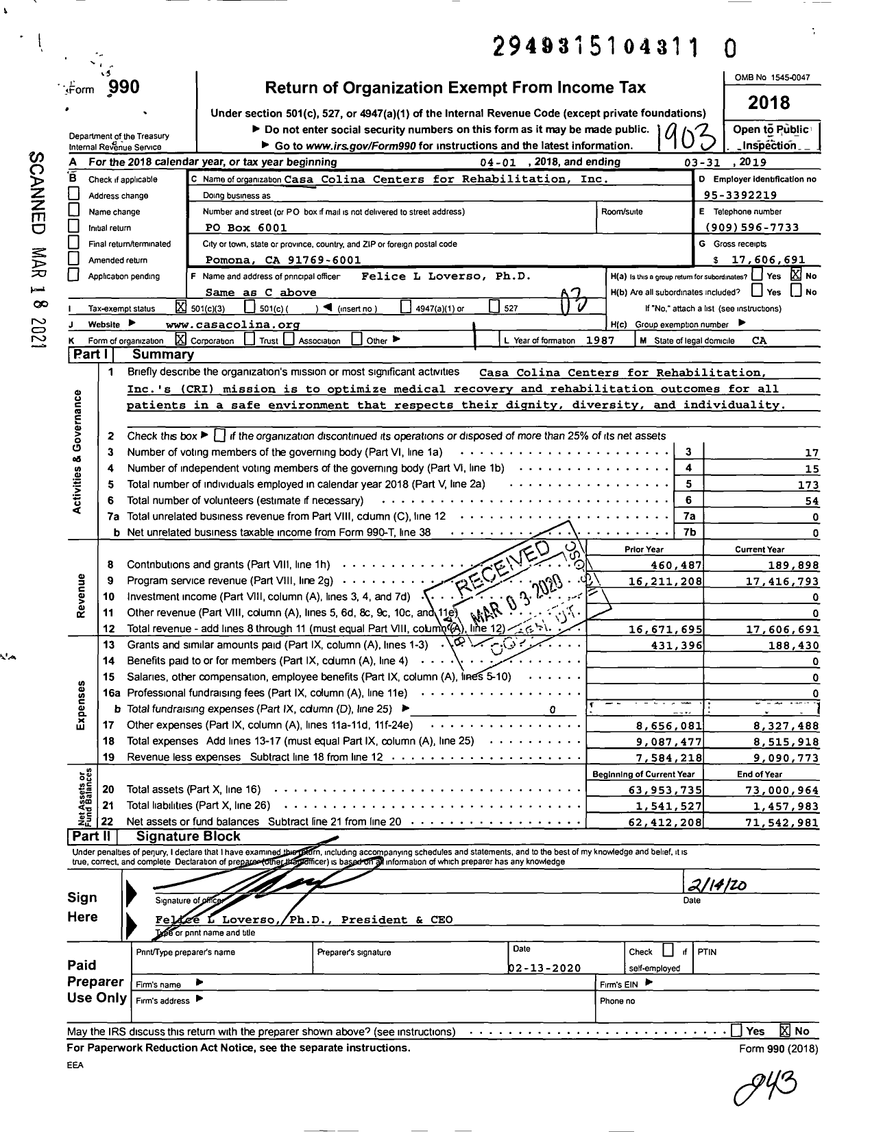 Image of first page of 2018 Form 990 for Casa Colina Centers for Rehabilitation