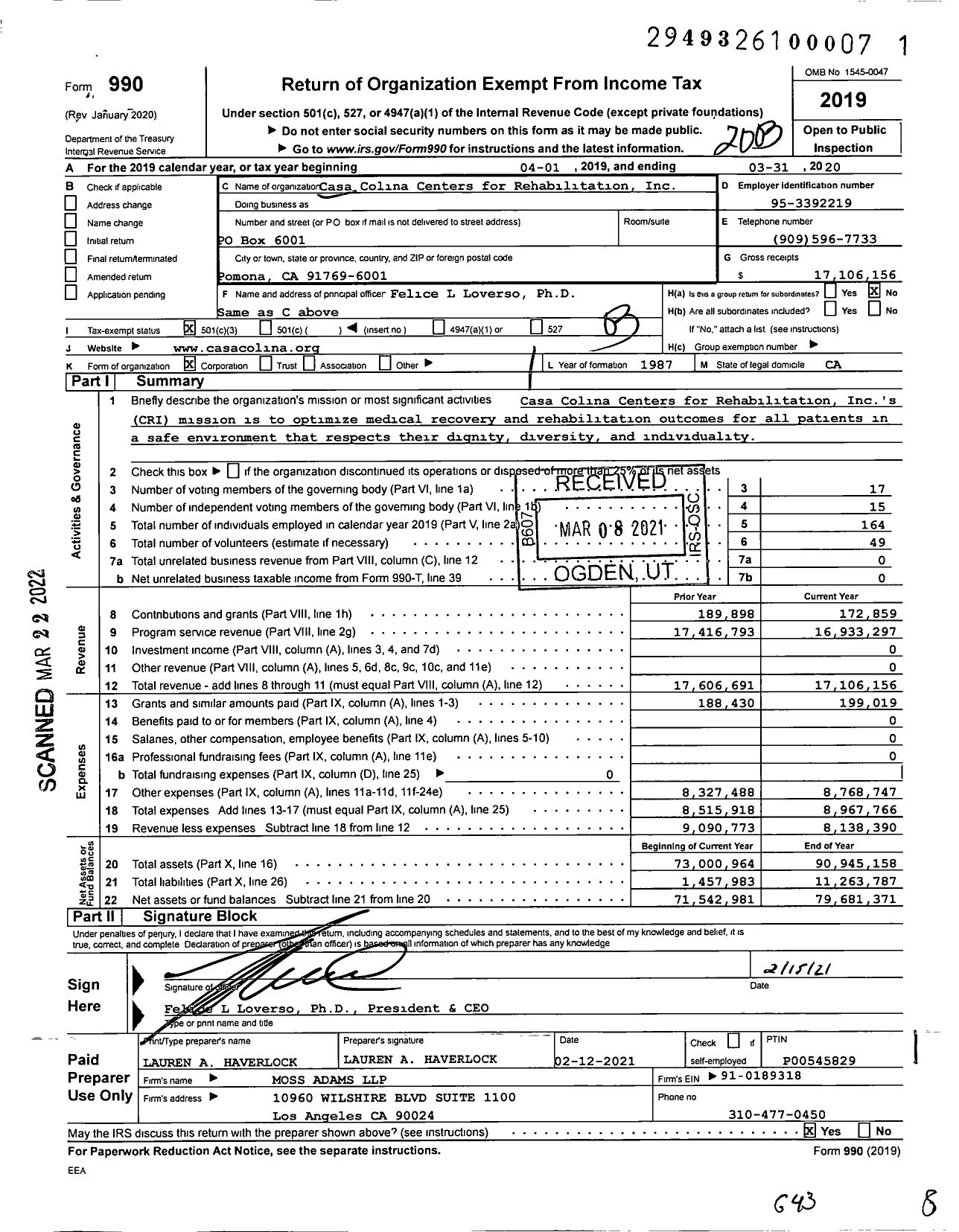 Image of first page of 2019 Form 990 for Casa Colina Centers for Rehabilitation