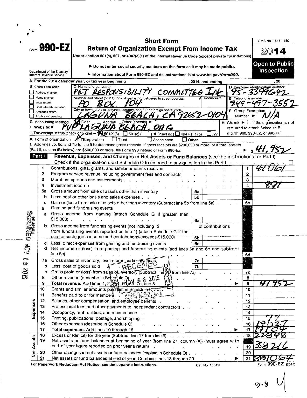 Image of first page of 2014 Form 990EZ for Pet Responsibility Committee