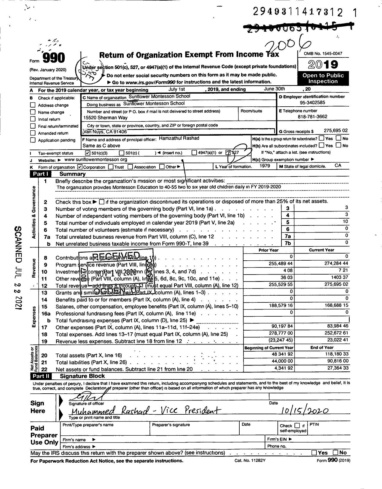 Image of first page of 2019 Form 990 for Sunflower Montessori School