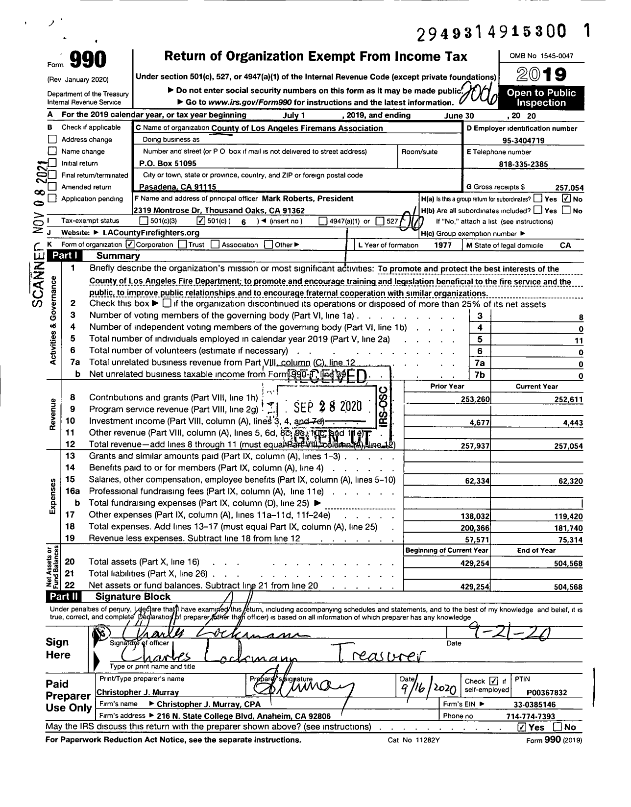 Image of first page of 2019 Form 990O for County of Los Angeles Firefighters Association Incorporated