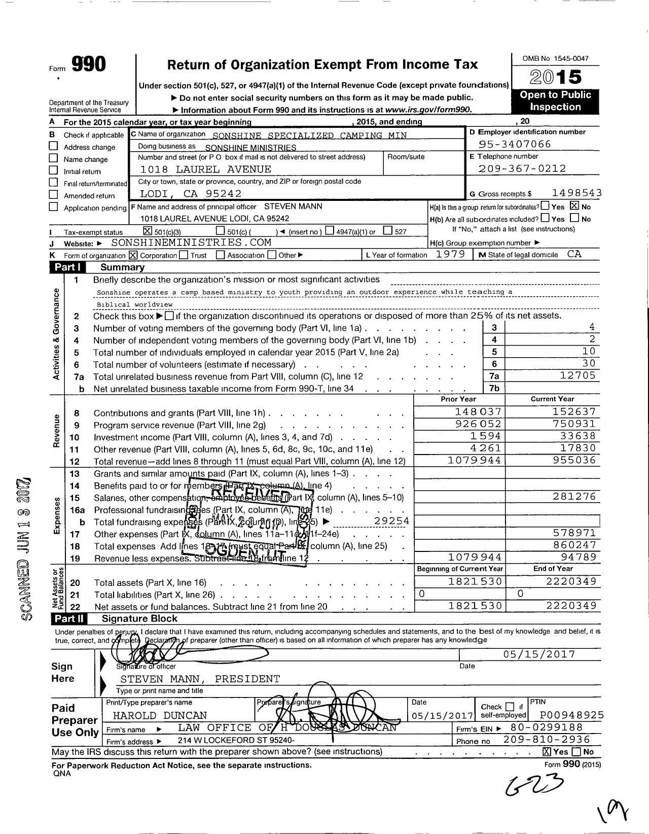 Image of first page of 2015 Form 990 for Sonshine Ministries / Sonshine Specialized Camping Min