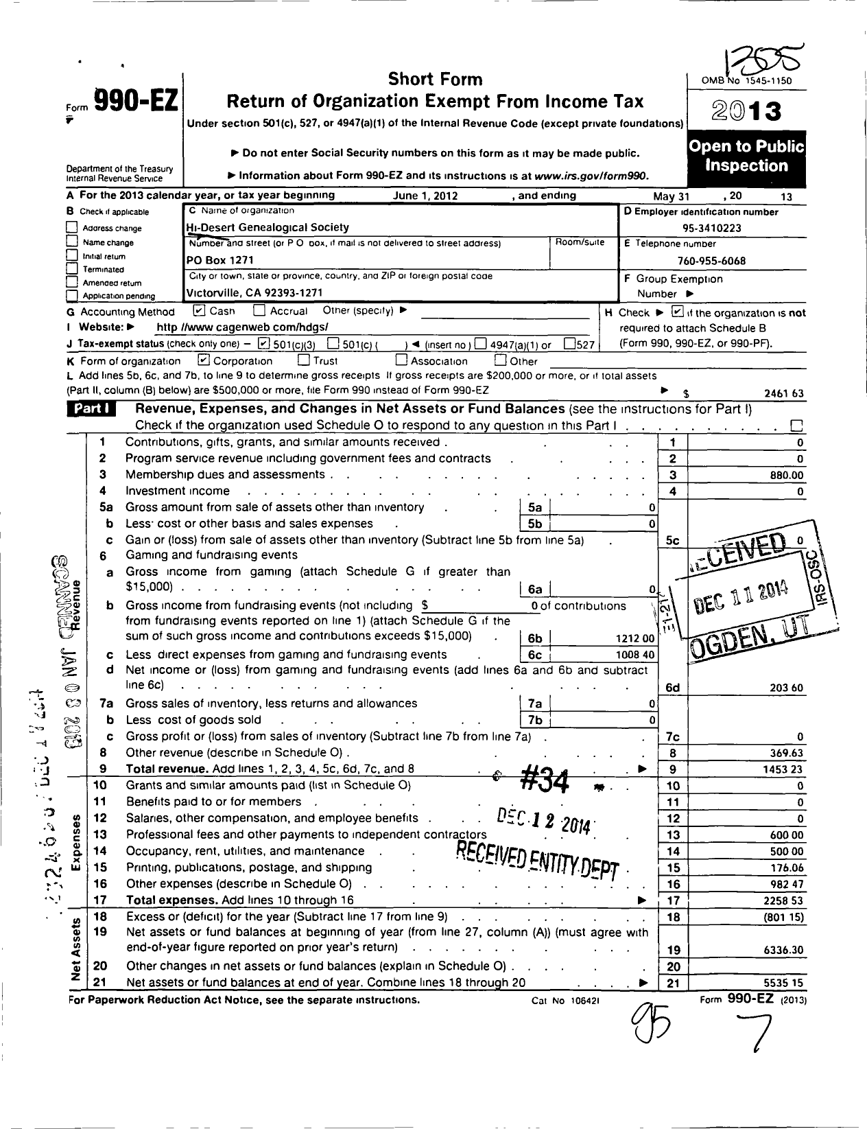 Image of first page of 2012 Form 990EZ for Hi-Desert Genealogical Society