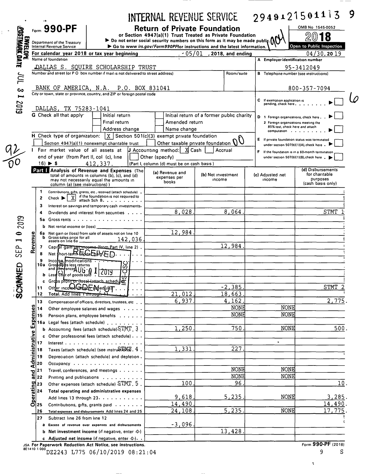 Image of first page of 2018 Form 990PF for Tuw Dallas S Squire Scholarship Trust