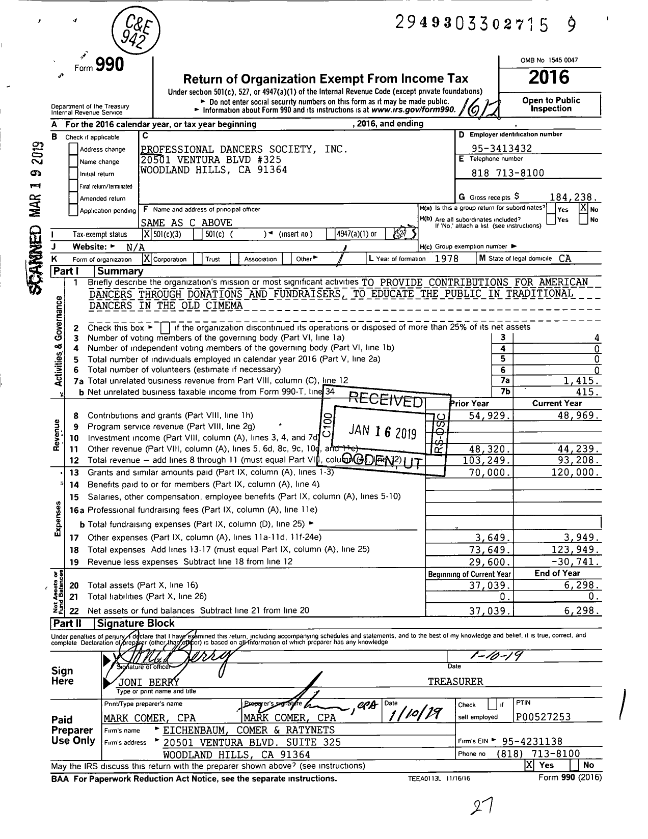 Image of first page of 2016 Form 990 for Professional Dancers Society