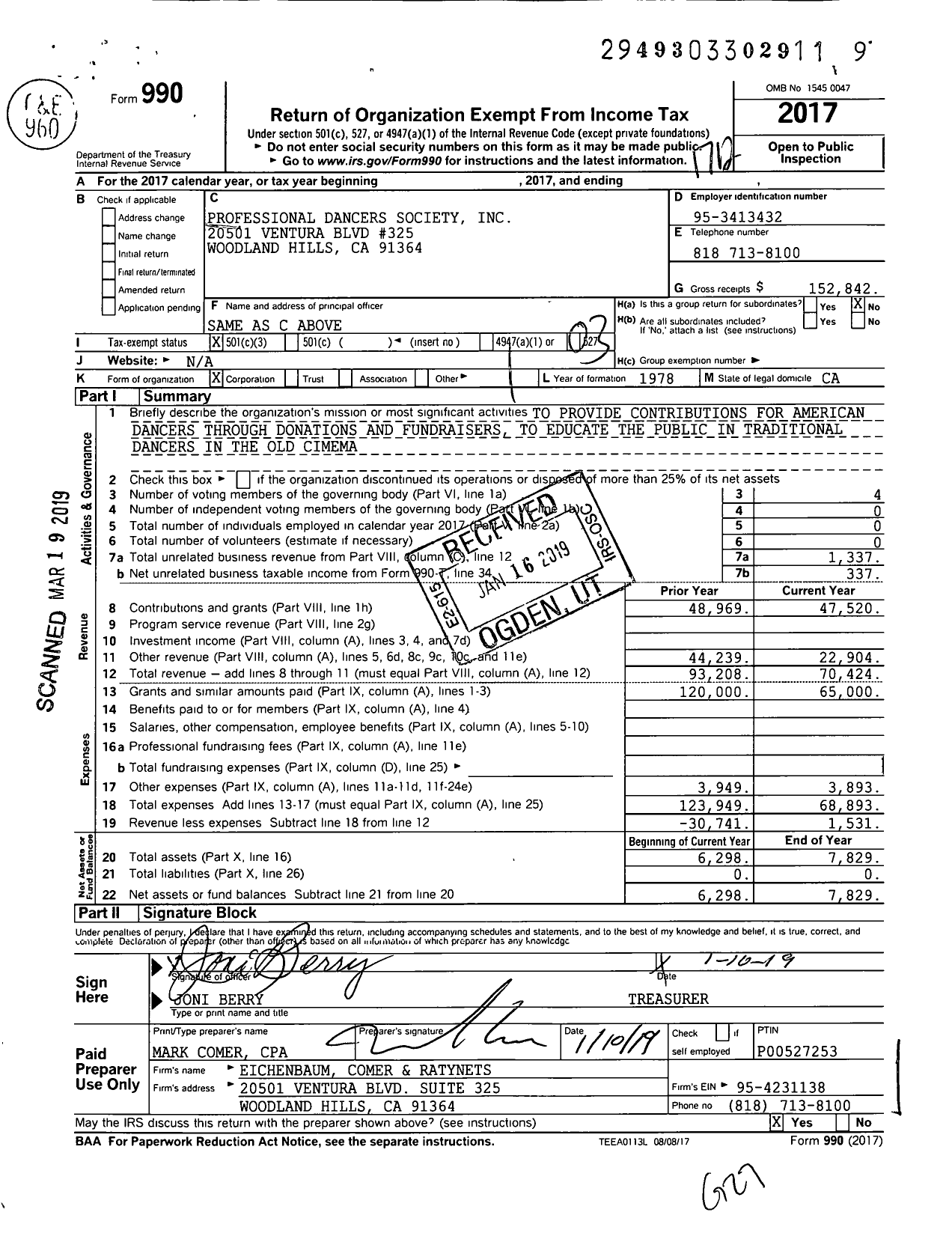 Image of first page of 2017 Form 990 for Professional Dancers Society