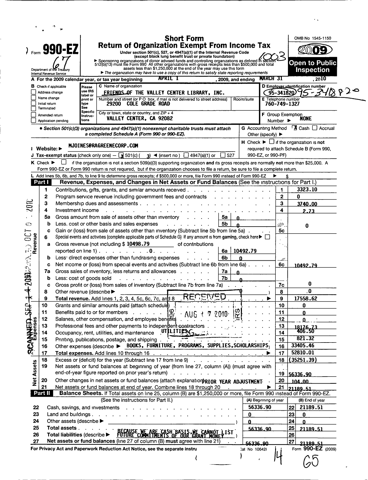 Image of first page of 2009 Form 990EZ for Friends of the Valley Center Library