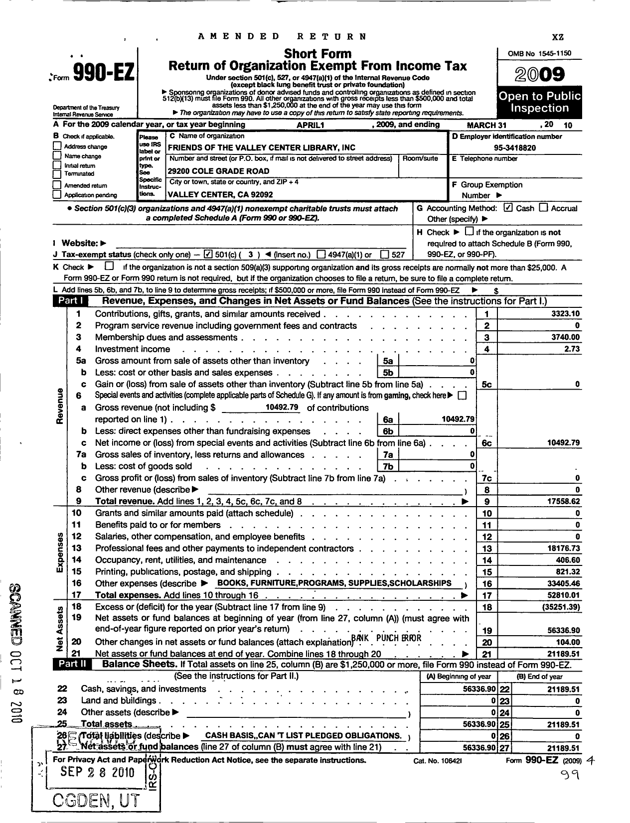 Image of first page of 2009 Form 990EZ for Friends of the Valley Center Library