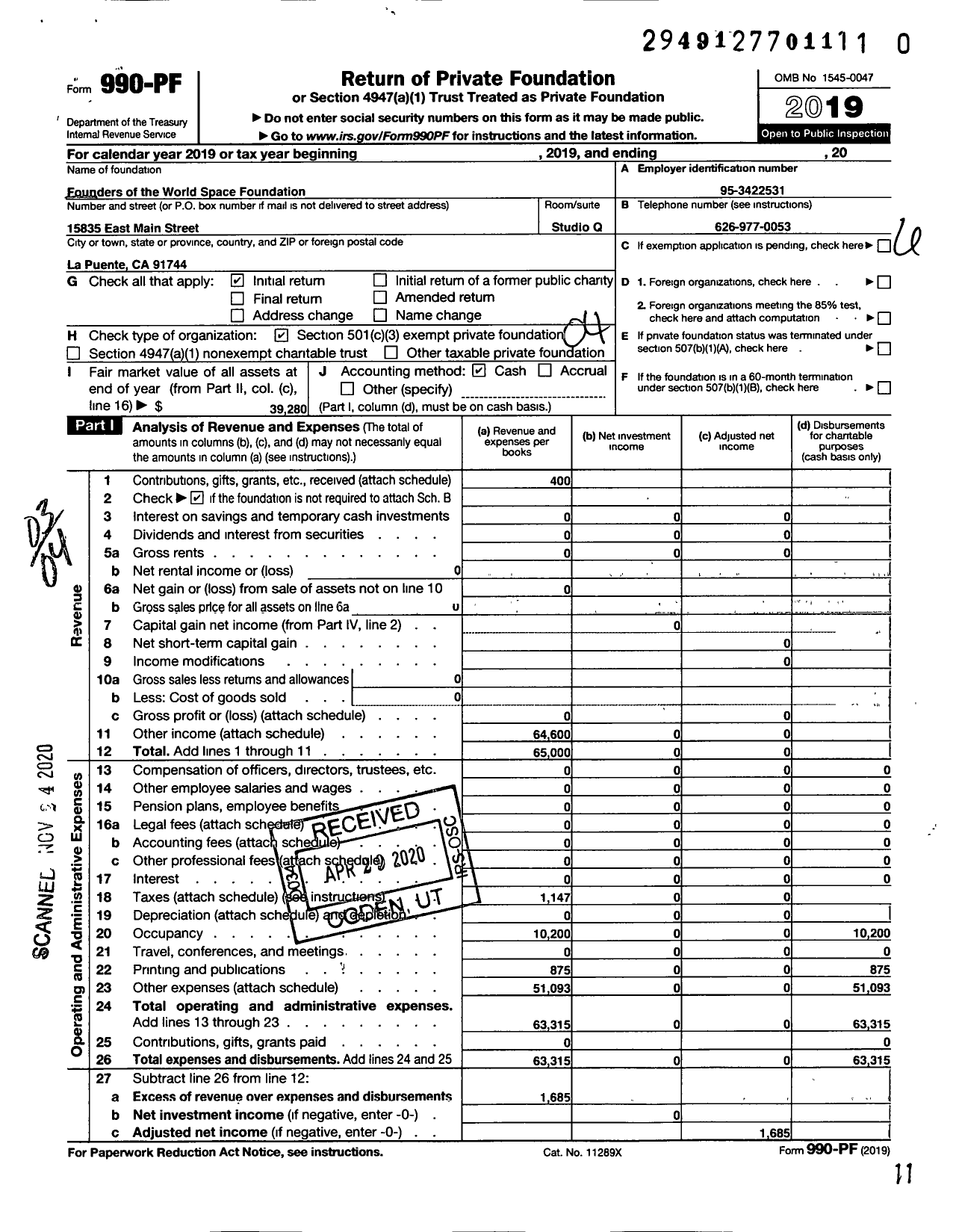 Image of first page of 2019 Form 990PF for Founders of the World Space Foundation