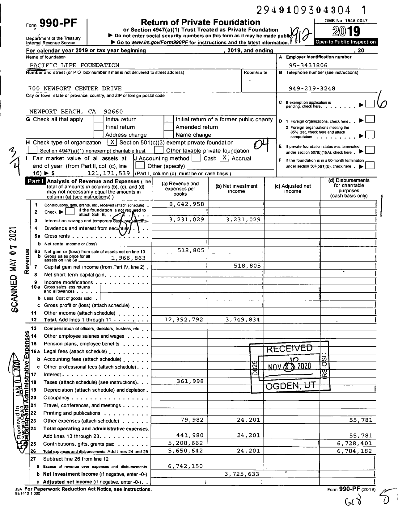 Image of first page of 2019 Form 990PF for Pacific Life Foundation (PLF)