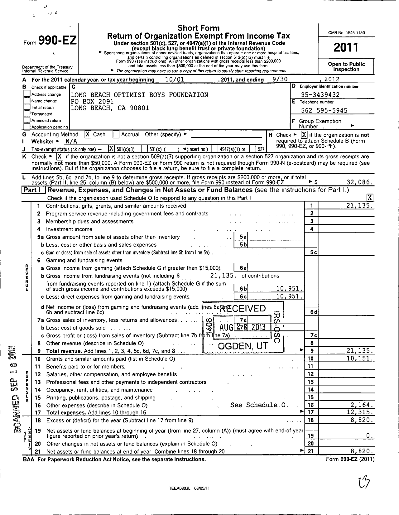 Image of first page of 2011 Form 990EZ for Longbeachoptimistboysfoundation