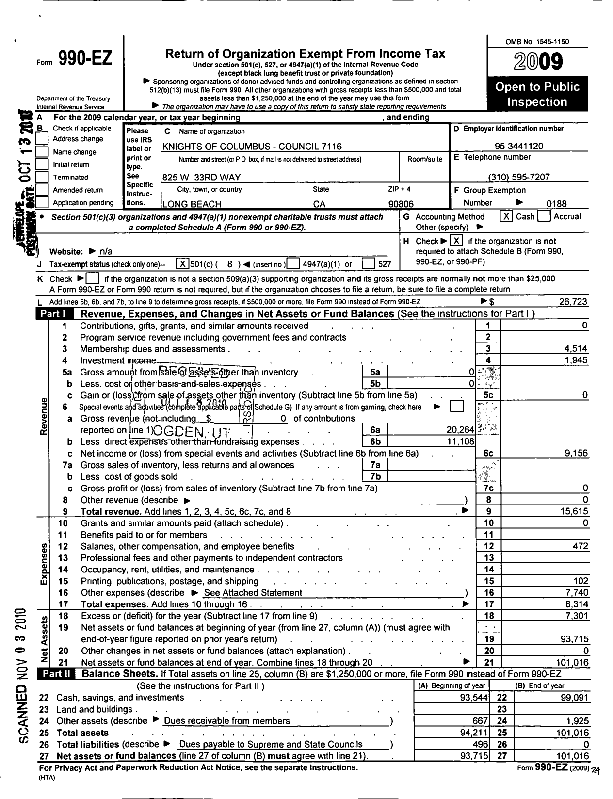 Image of first page of 2009 Form 990EO for Knights of Columbus - 7116 Father Callahan Council