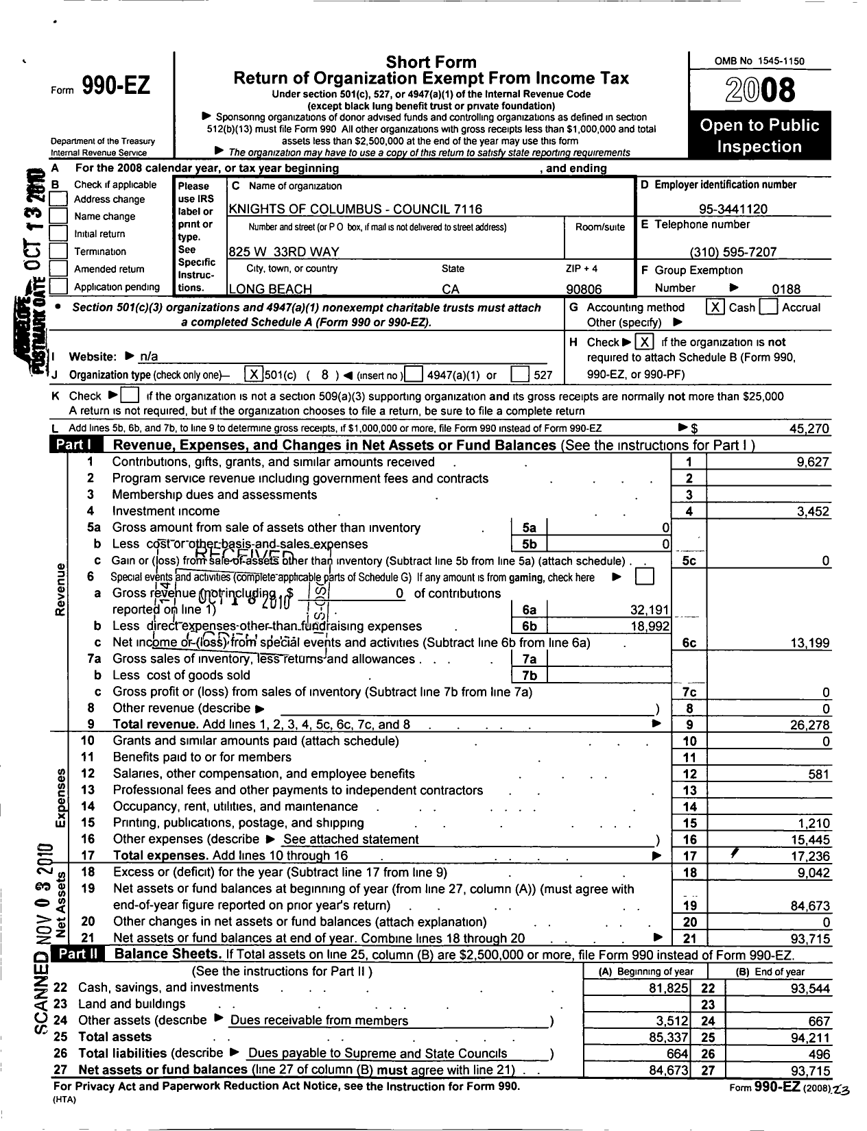 Image of first page of 2008 Form 990EO for Knights of Columbus - 7116 Father Callahan Council