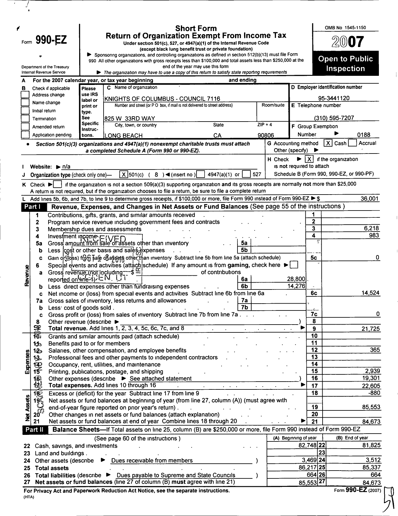 Image of first page of 2007 Form 990EO for Knights of Columbus - 7116 Father Callahan Council