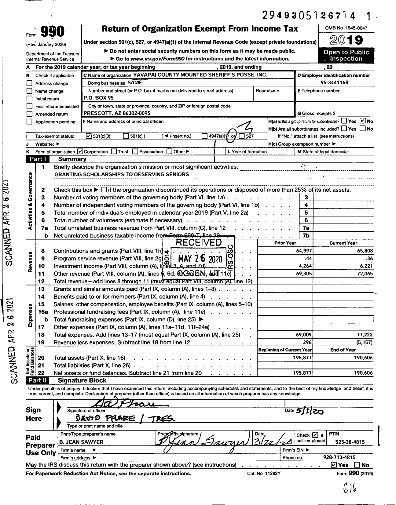 Image of first page of 2019 Form 990 for Yavapai County Mounted Sheriffs Posse