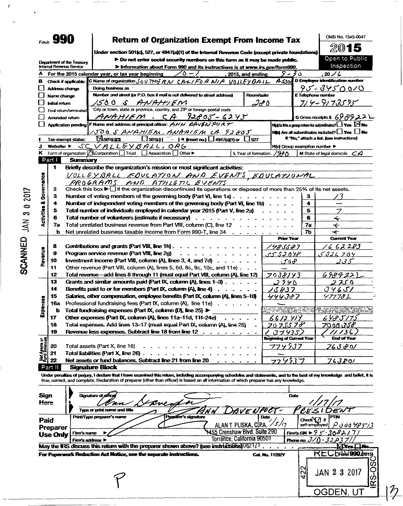 Image of first page of 2015 Form 990 for Southern California Volleyball Association