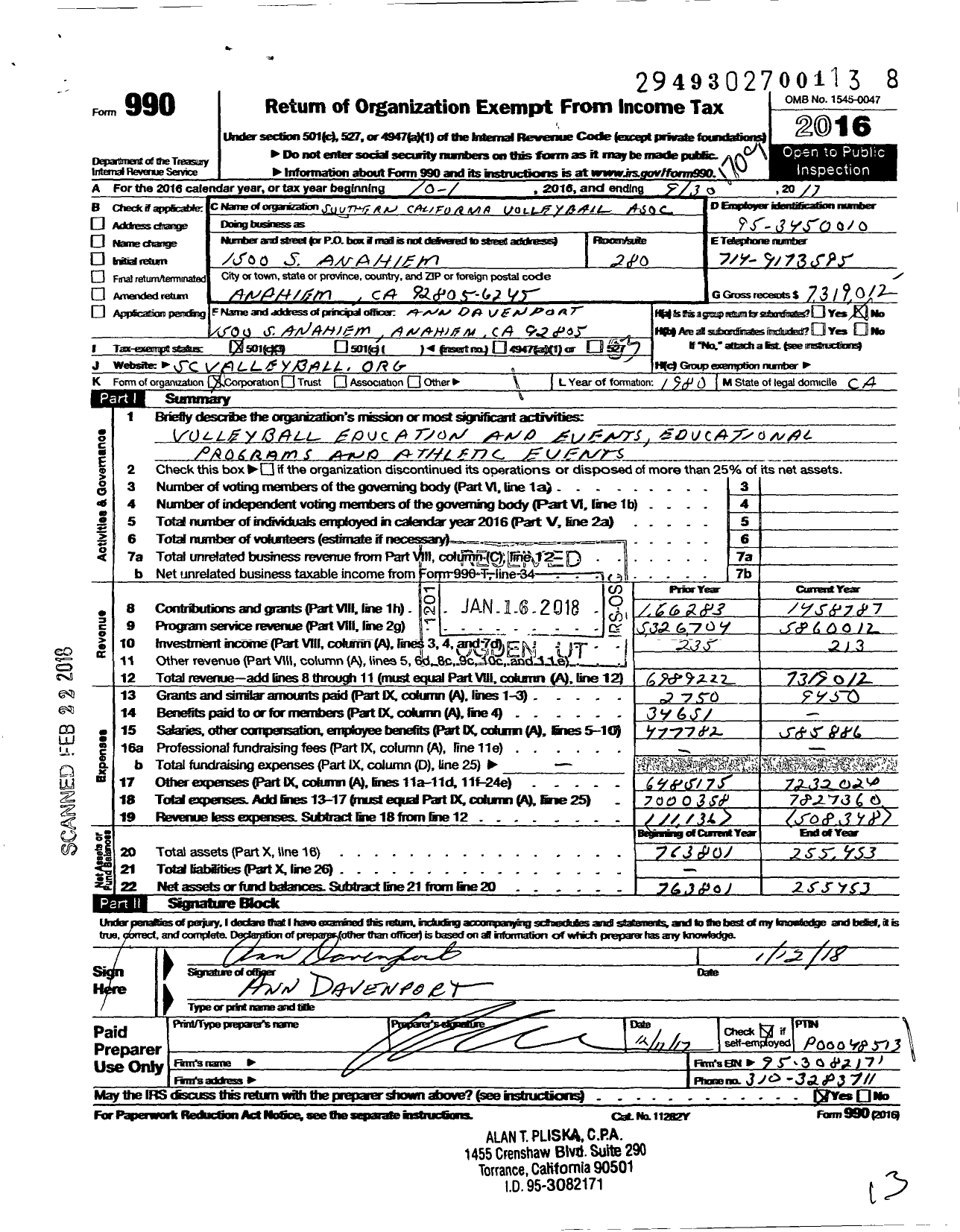 Image of first page of 2016 Form 990 for Southern California Volleyball Association