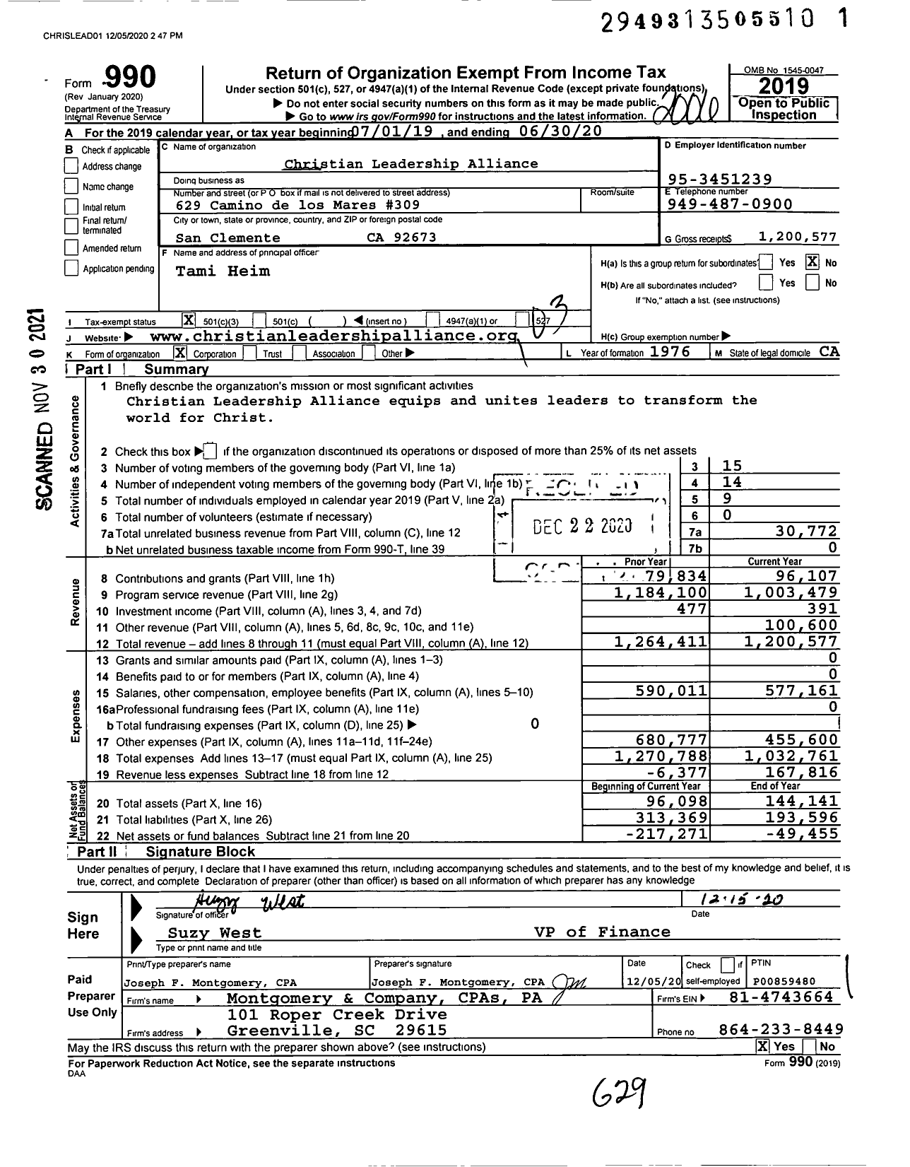 Image of first page of 2019 Form 990 for Christian Leadership Alliance (CLA)