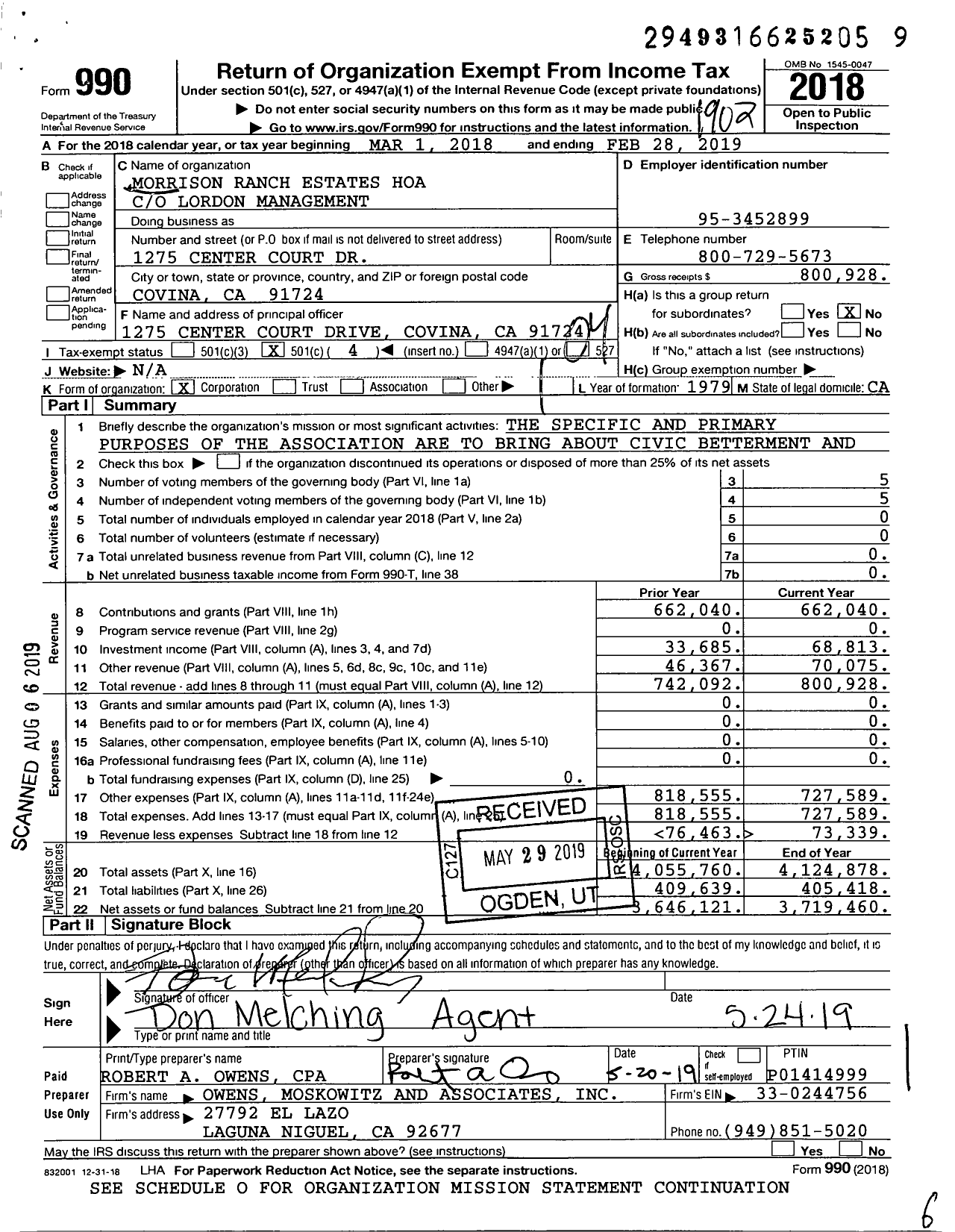 Image of first page of 2018 Form 990O for Morrison Ranch Estates Hoa