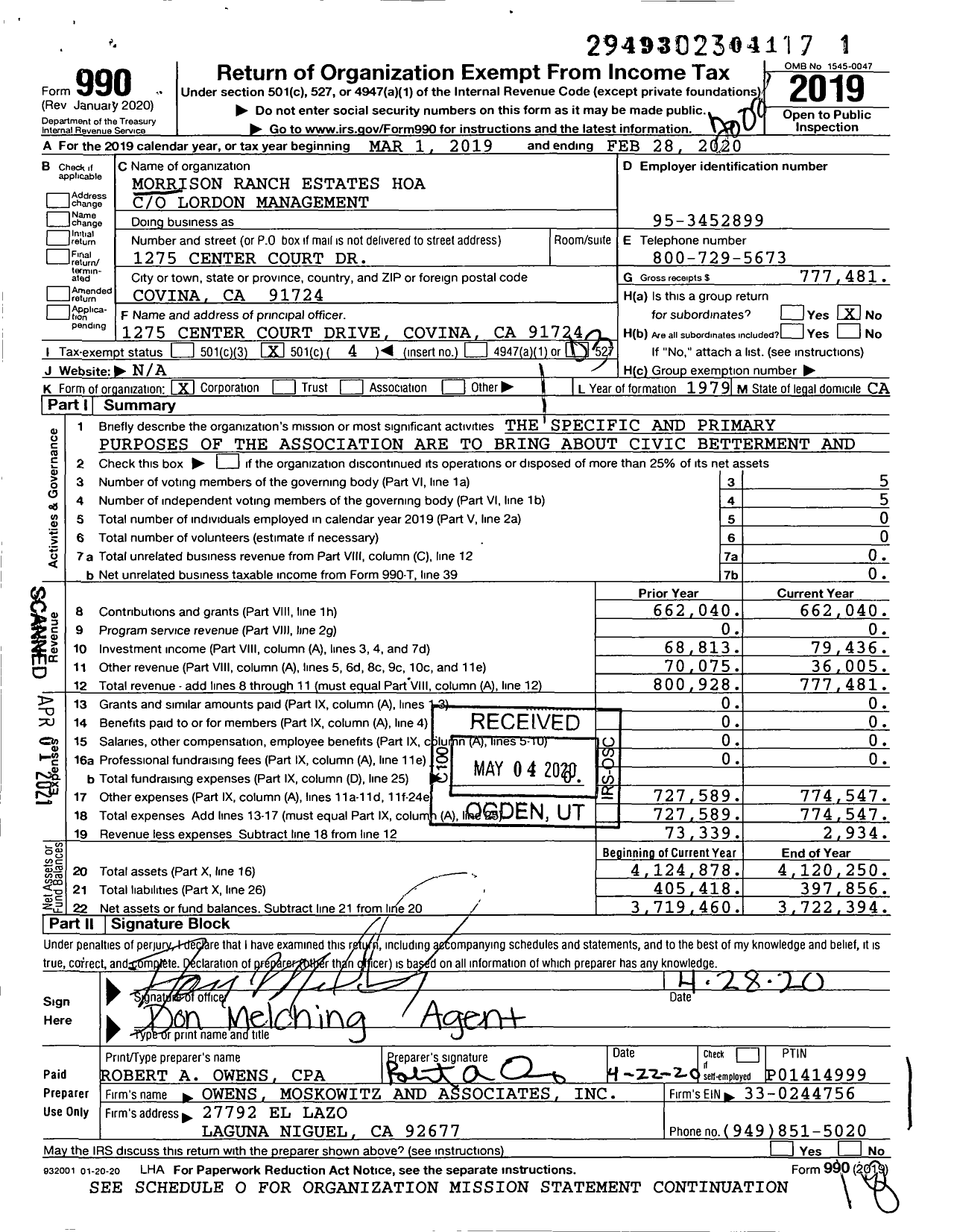 Image of first page of 2019 Form 990 for Morrison Ranch Estates Hoa