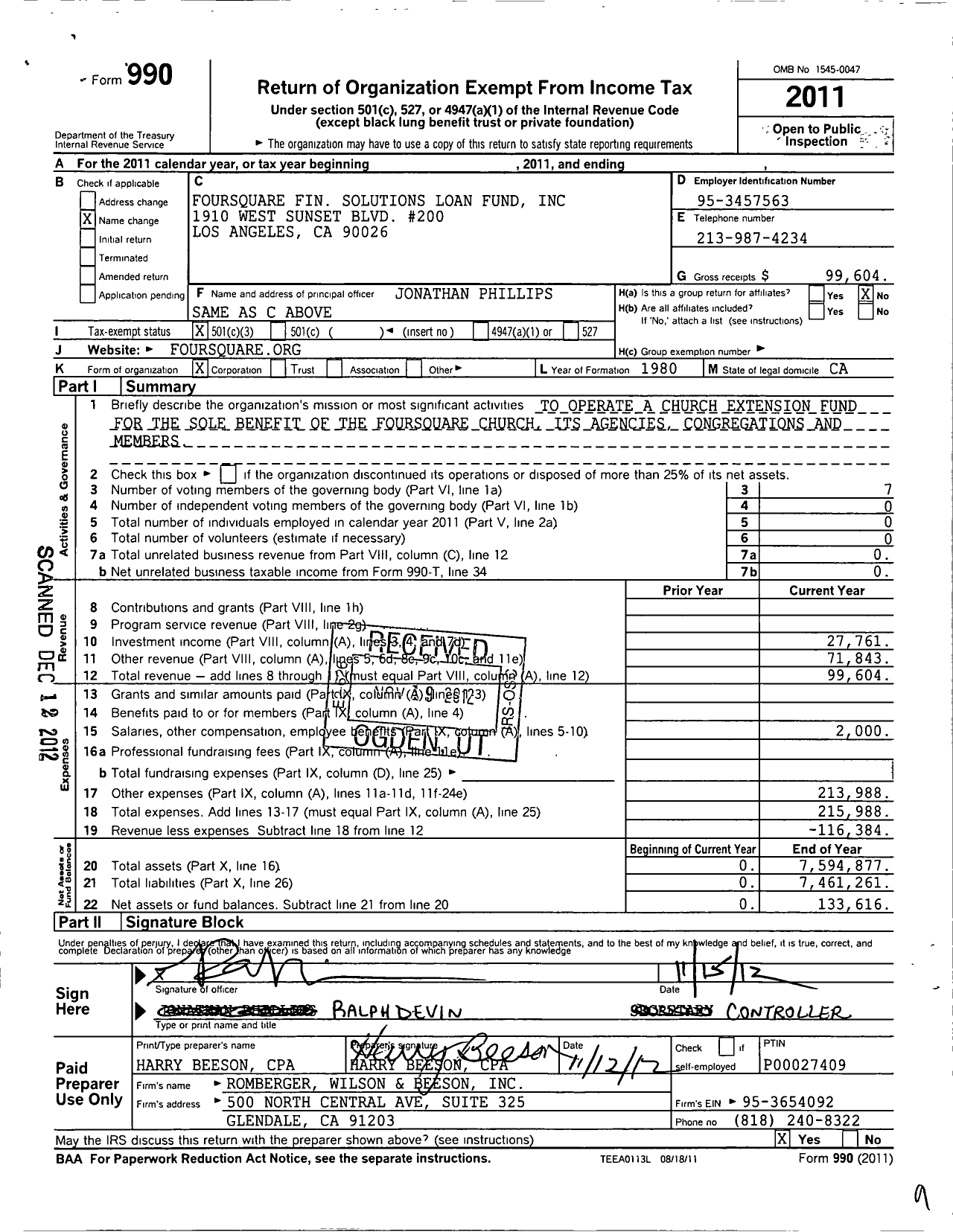 Image of first page of 2011 Form 990 for Foursquare Financial Solutions Loan Fund