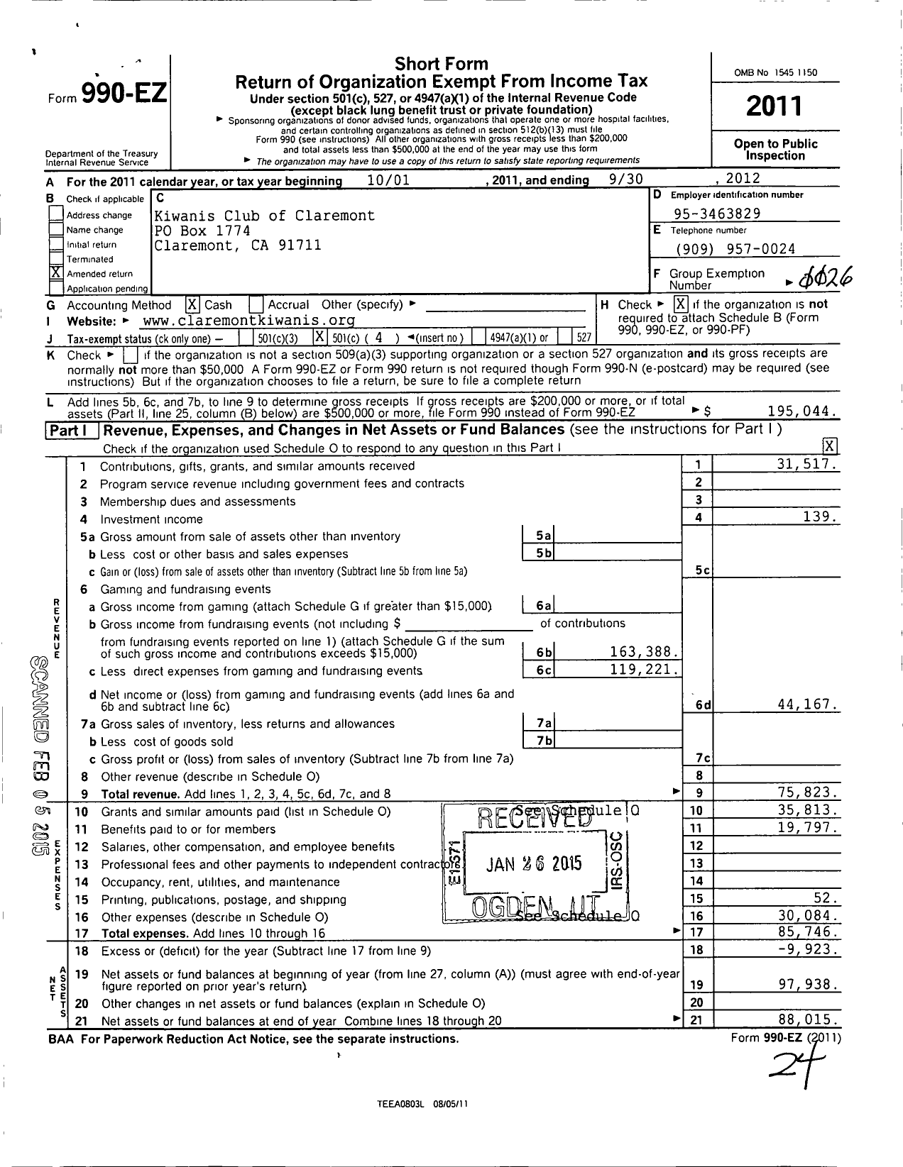 Image of first page of 2011 Form 990EO for Kiwanis International - K01231 Claremont