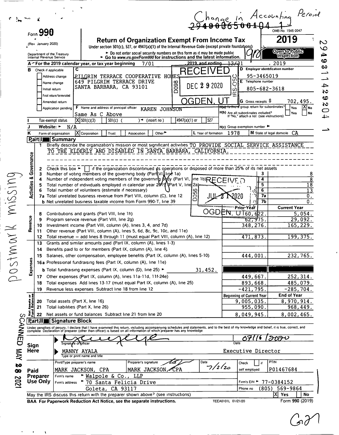 Image of first page of 2019 Form 990 for Pilgrim Terrace Cooperative Homes