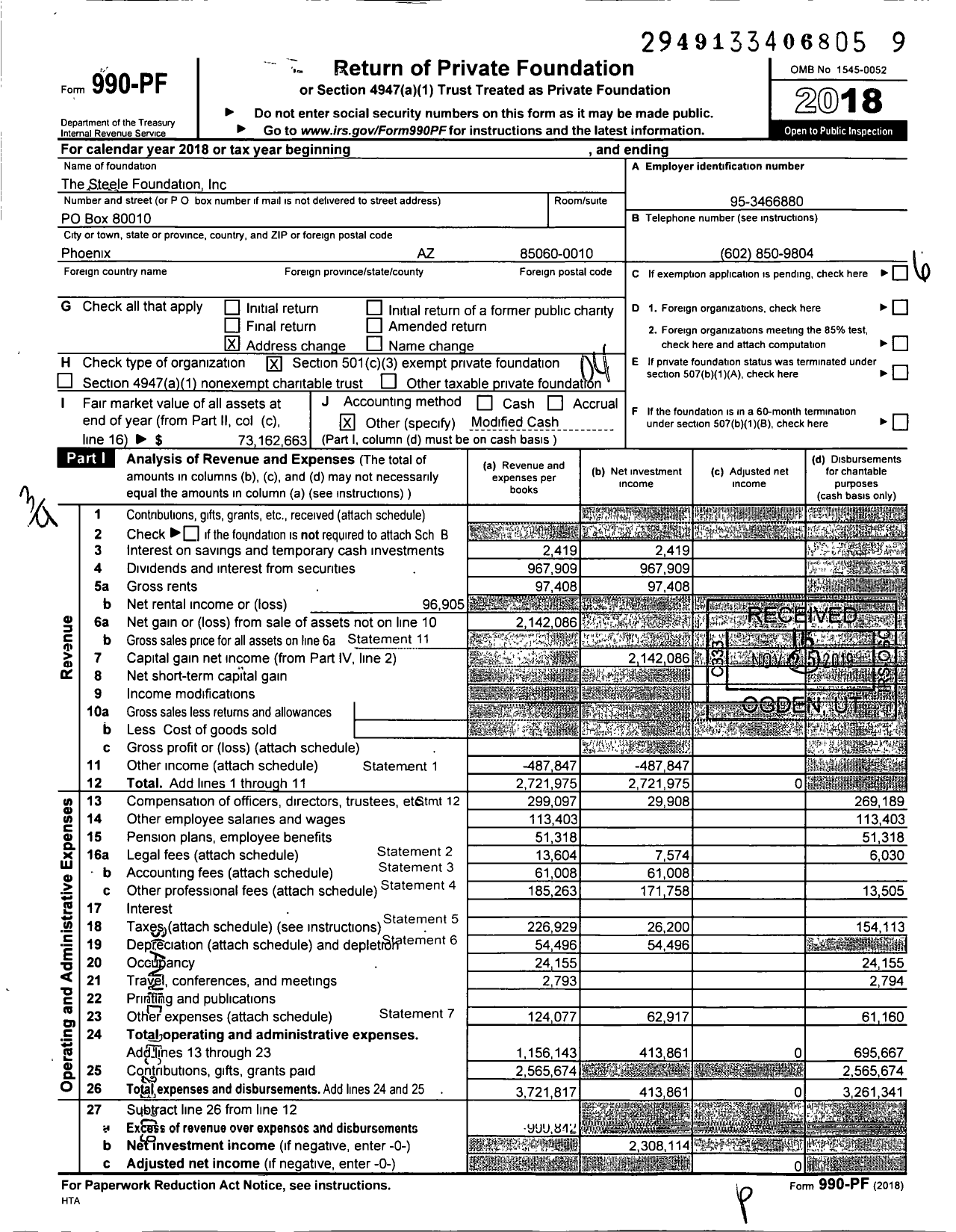 Image of first page of 2018 Form 990PF for The Steele Foundation