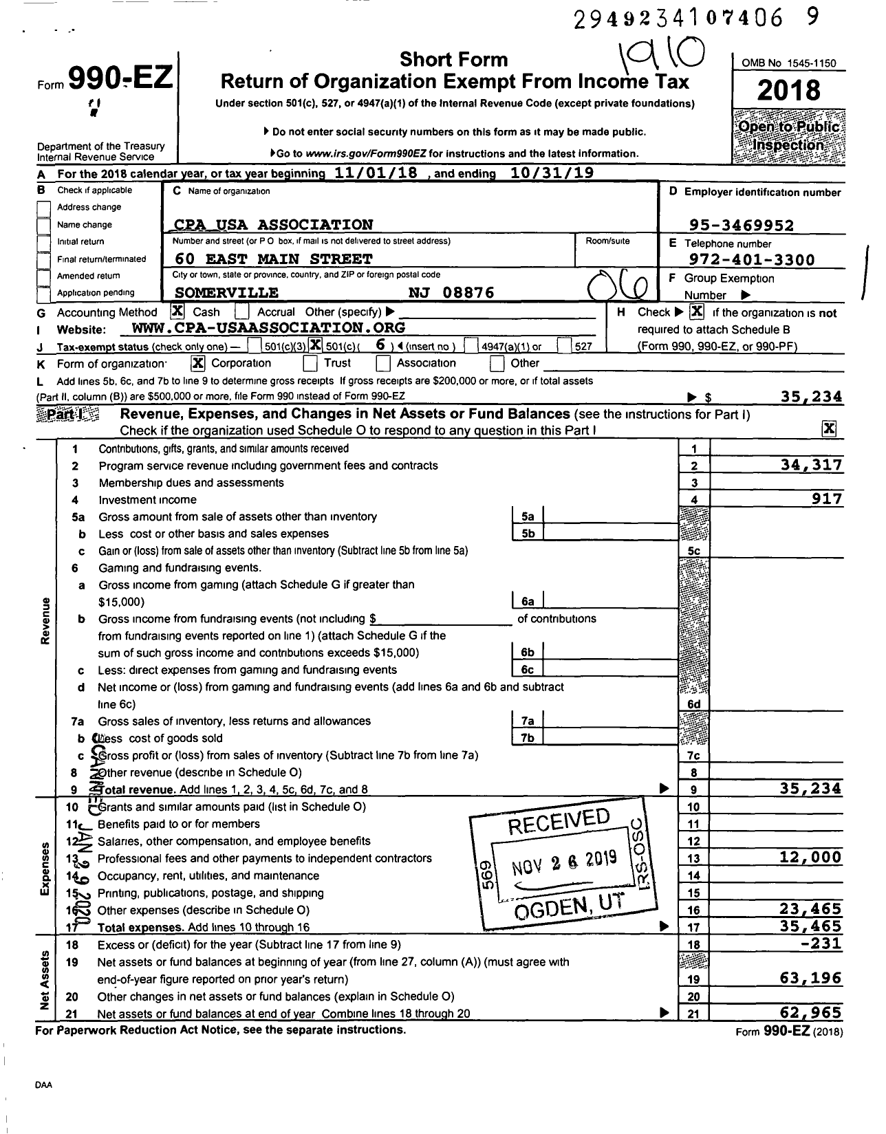 Image of first page of 2018 Form 990EO for Cpa-Usa Network