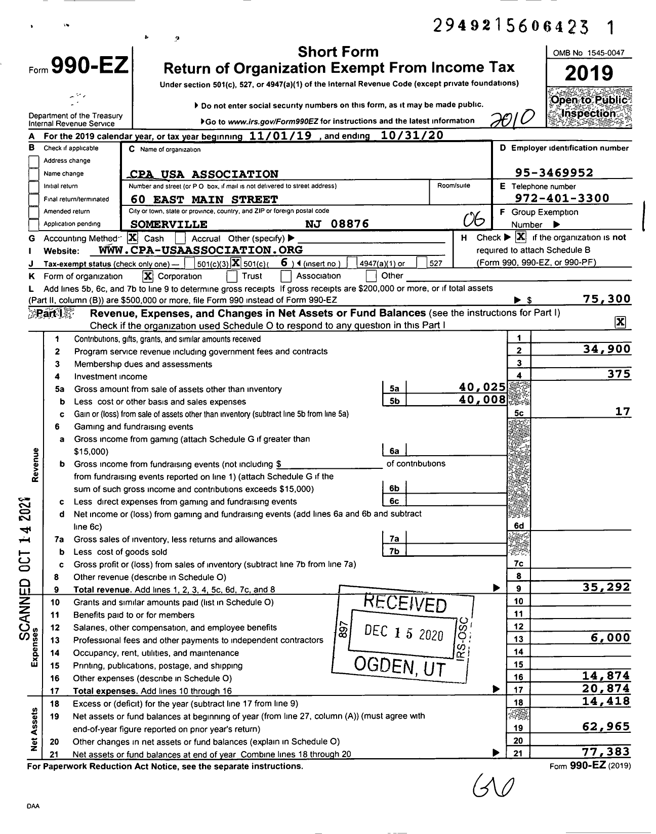 Image of first page of 2019 Form 990EO for Cpa-Usa Network