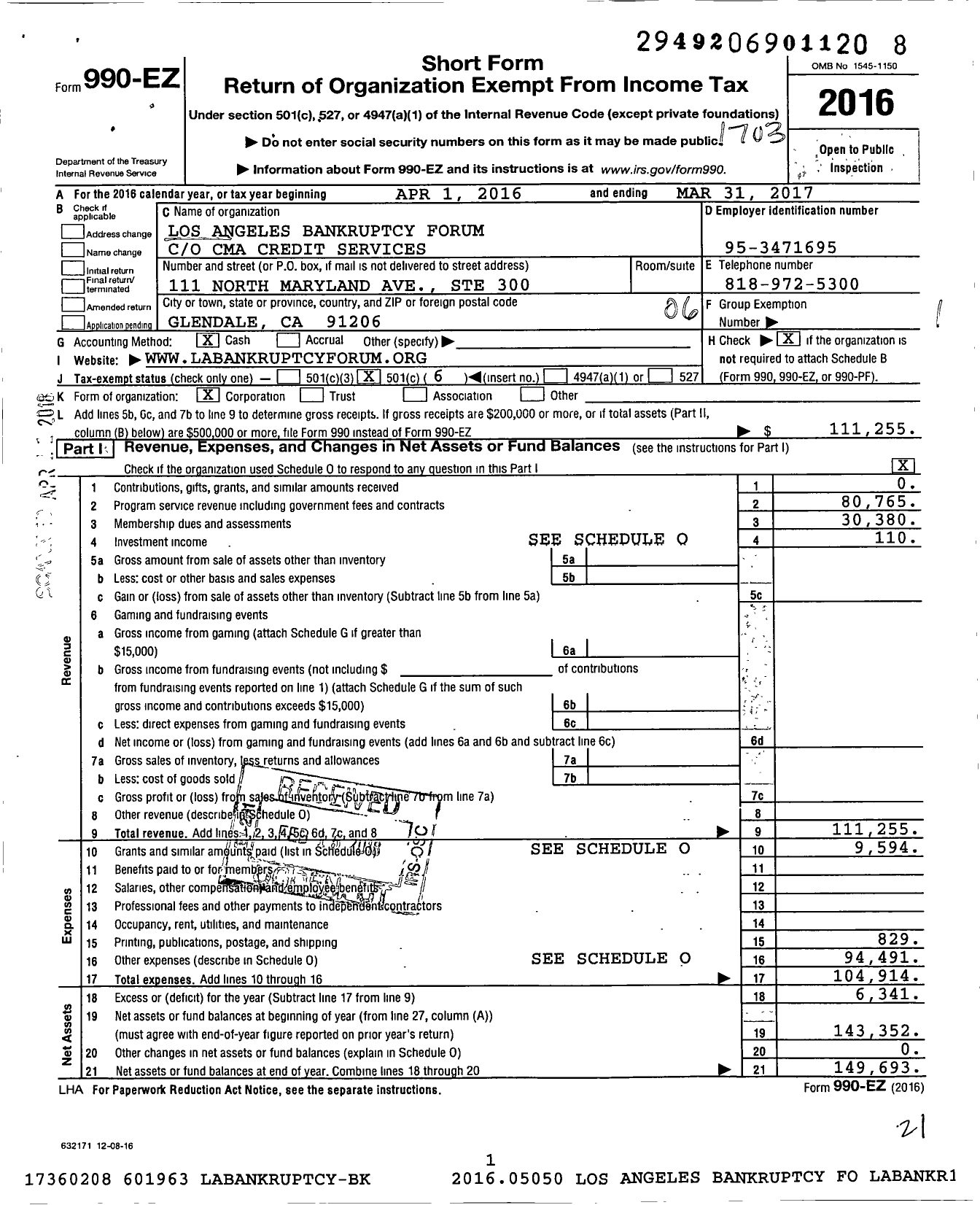 Image of first page of 2016 Form 990EO for Los Angeles Bankruptcy Forum