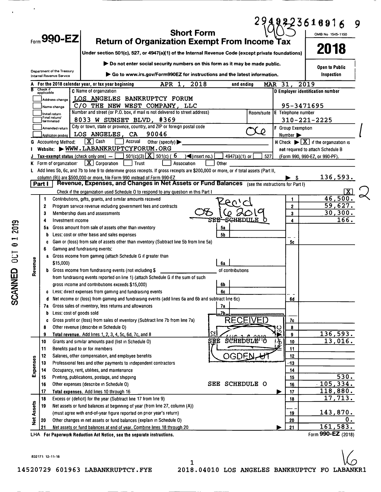 Image of first page of 2018 Form 990EO for Los Angeles Bankruptcy Forum