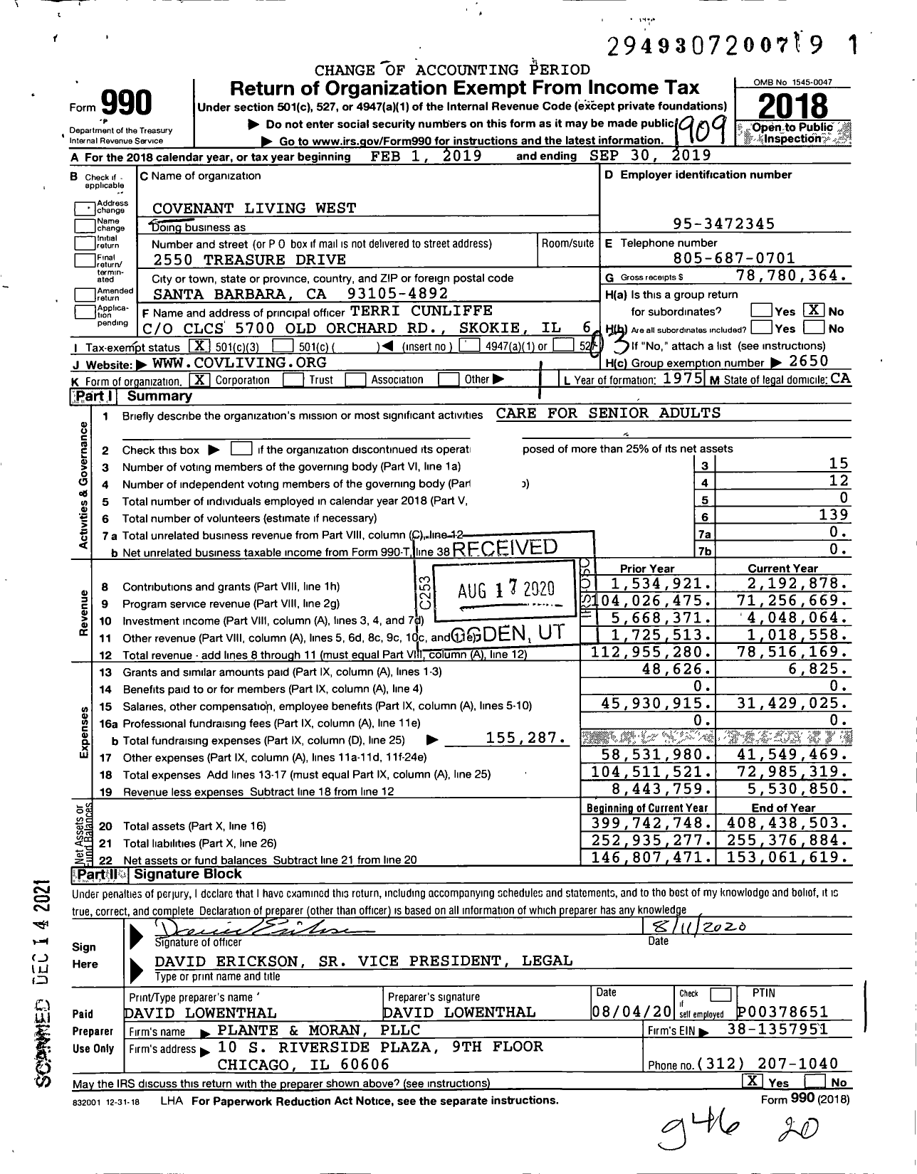 Image of first page of 2018 Form 990 for Covenant Living West