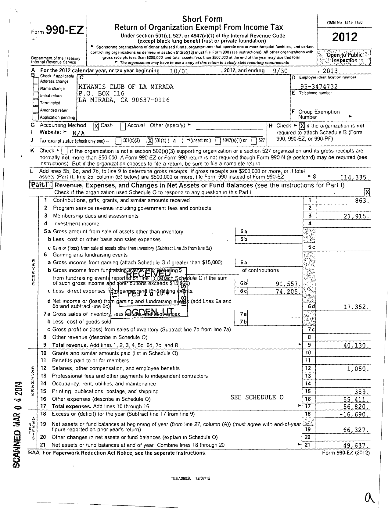 Image of first page of 2012 Form 990EO for Kiwanis International - K09795 La Mirada