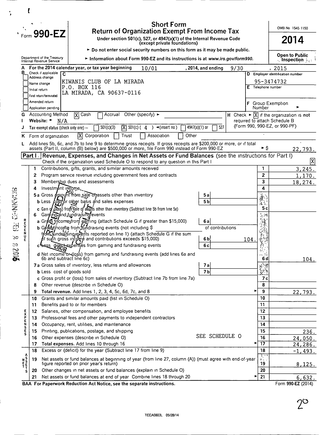 Image of first page of 2014 Form 990EO for Kiwanis International - K09795 La Mirada