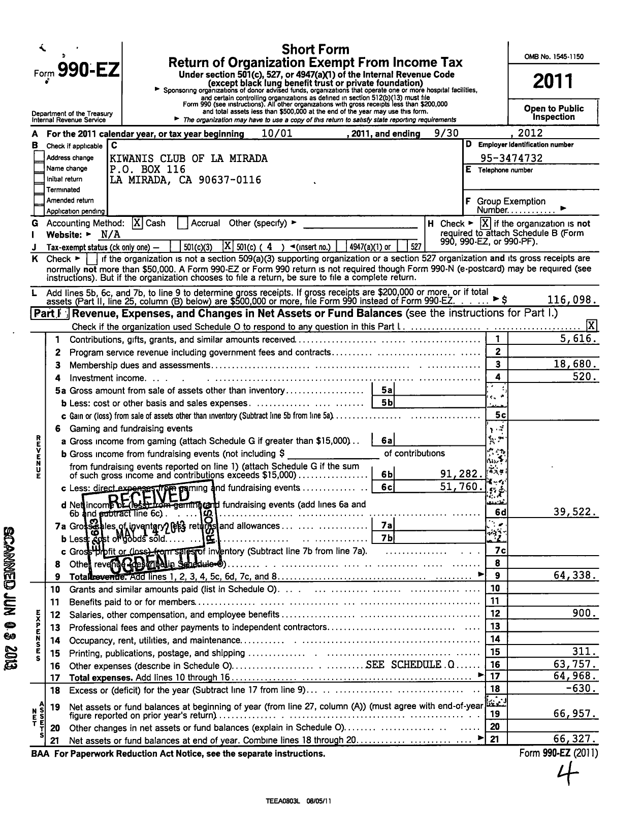 Image of first page of 2011 Form 990EO for Kiwanis International - K09795 La Mirada