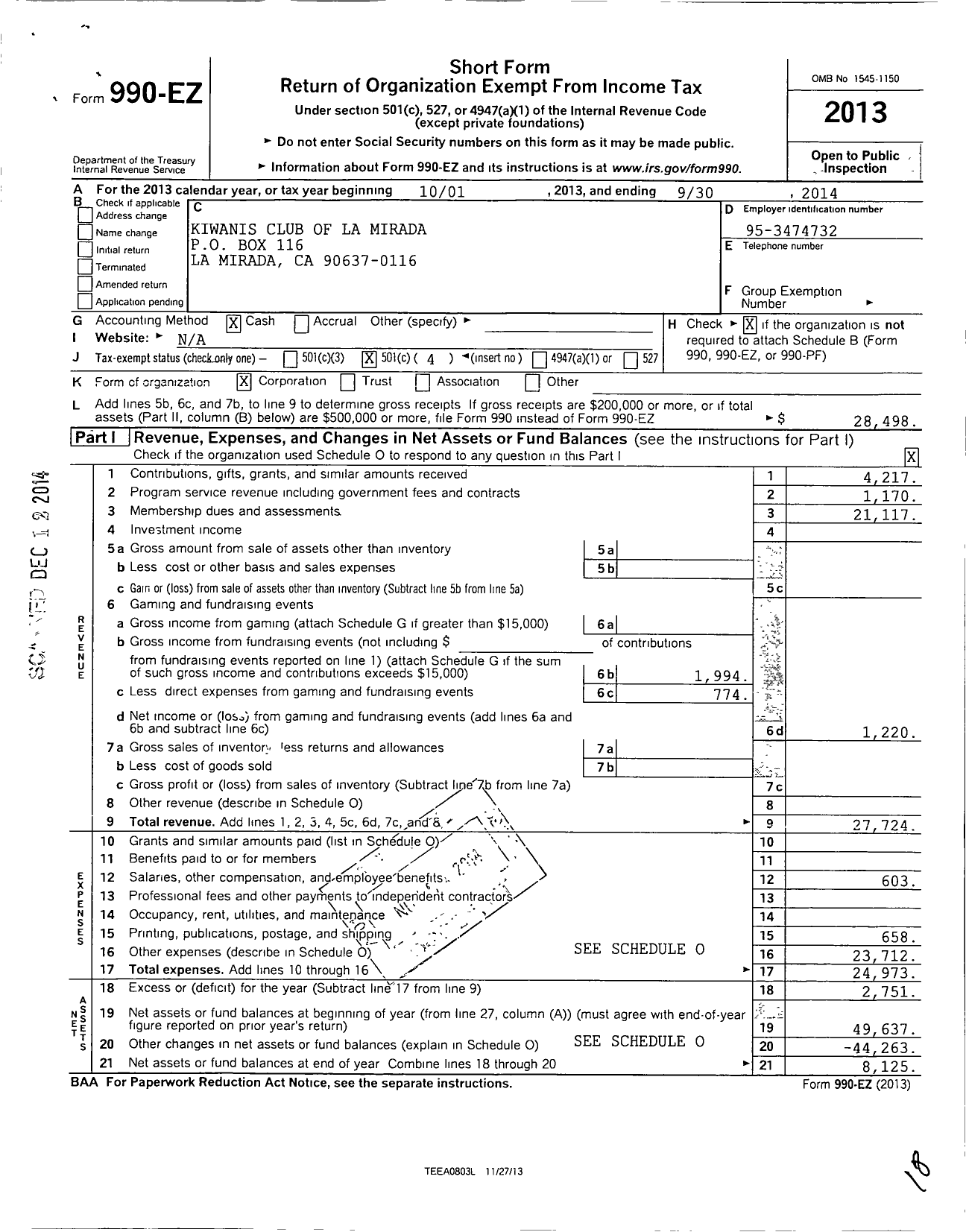 Image of first page of 2013 Form 990EO for Kiwanis International - K09795 La Mirada