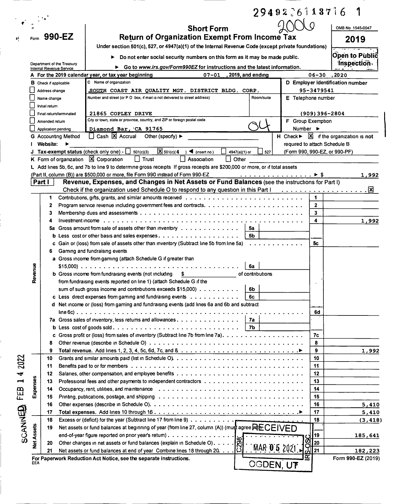 Image of first page of 2019 Form 990EO for South Coast Air Quality MGT District Bldg Corporation